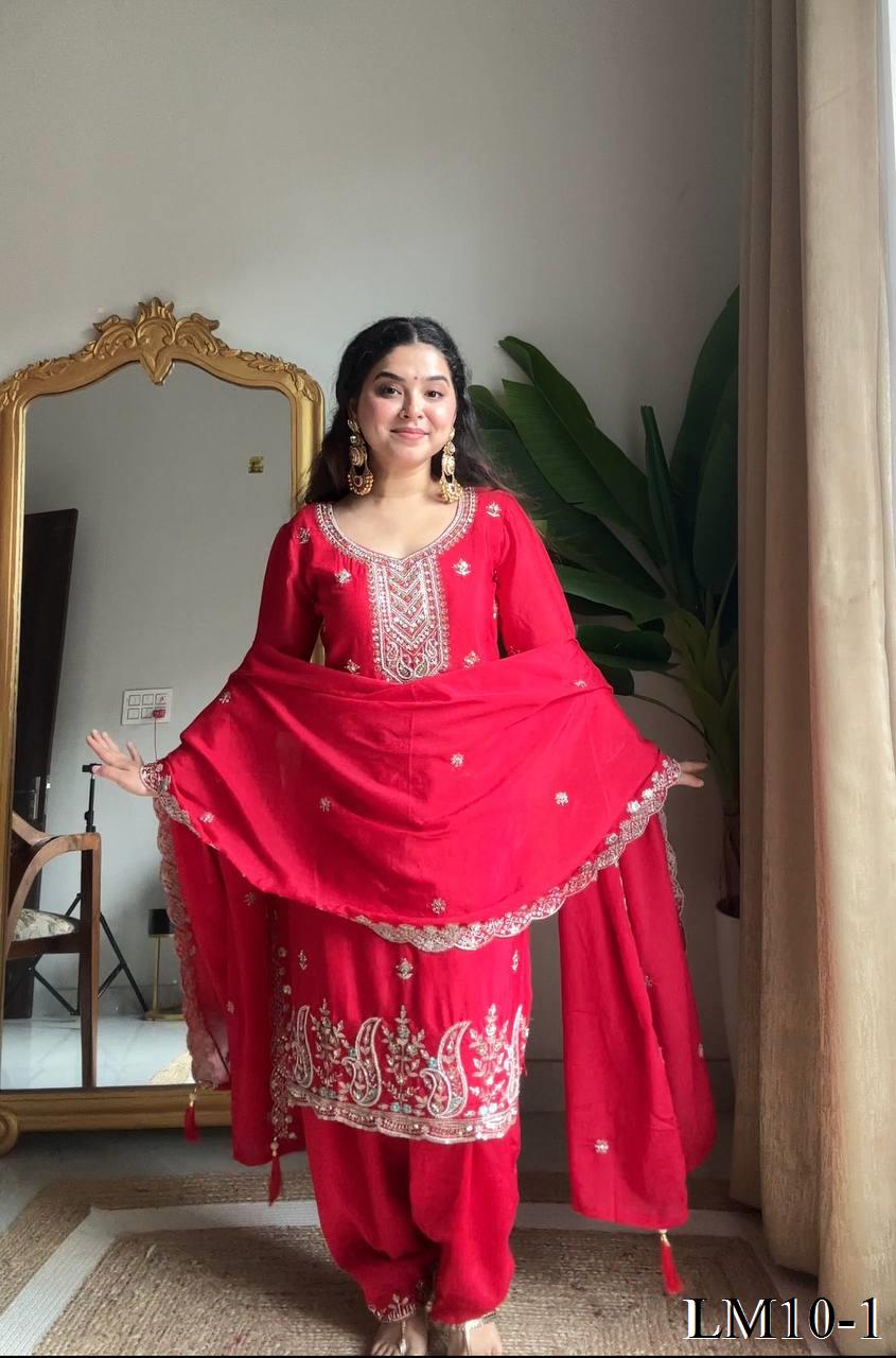 Red Color Chinon Beads And Sequience Work Top Salwaar