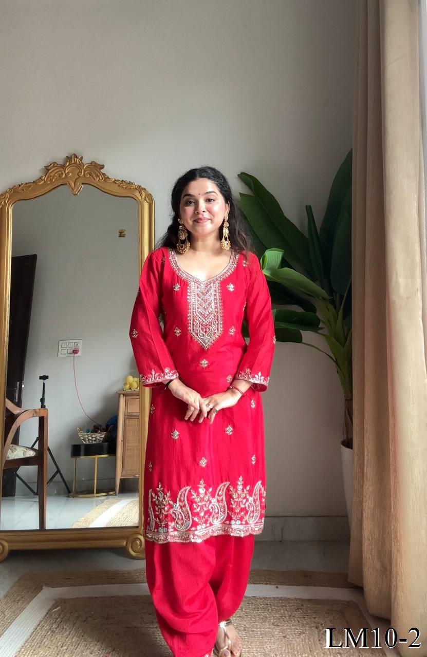 Red Color Chinon Beads And Sequience Work Top Salwaar