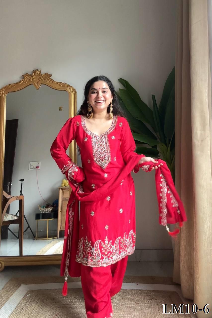 Red Color Chinon Beads And Sequience Work Top Salwaar