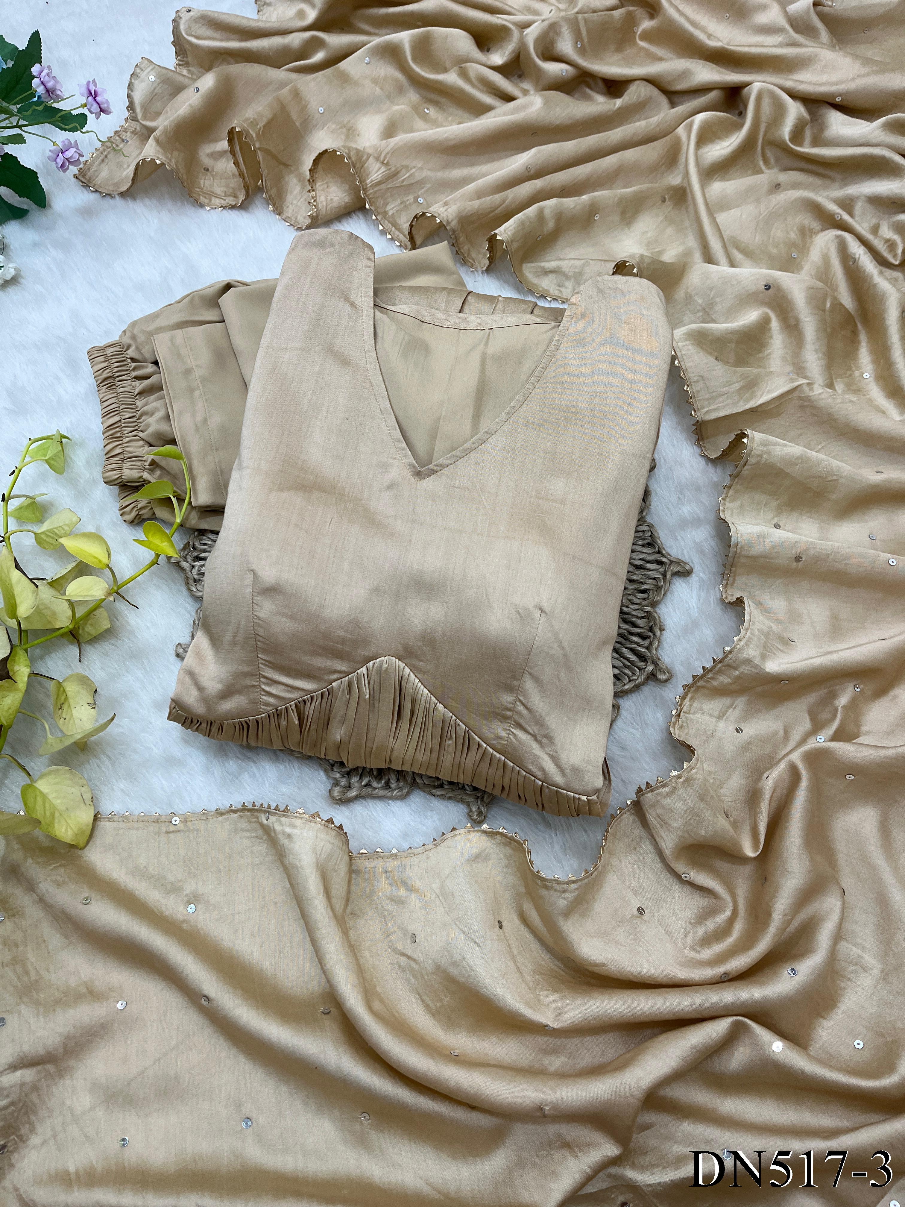 Beige Color Chanderi Cotton With Plain Work Gown