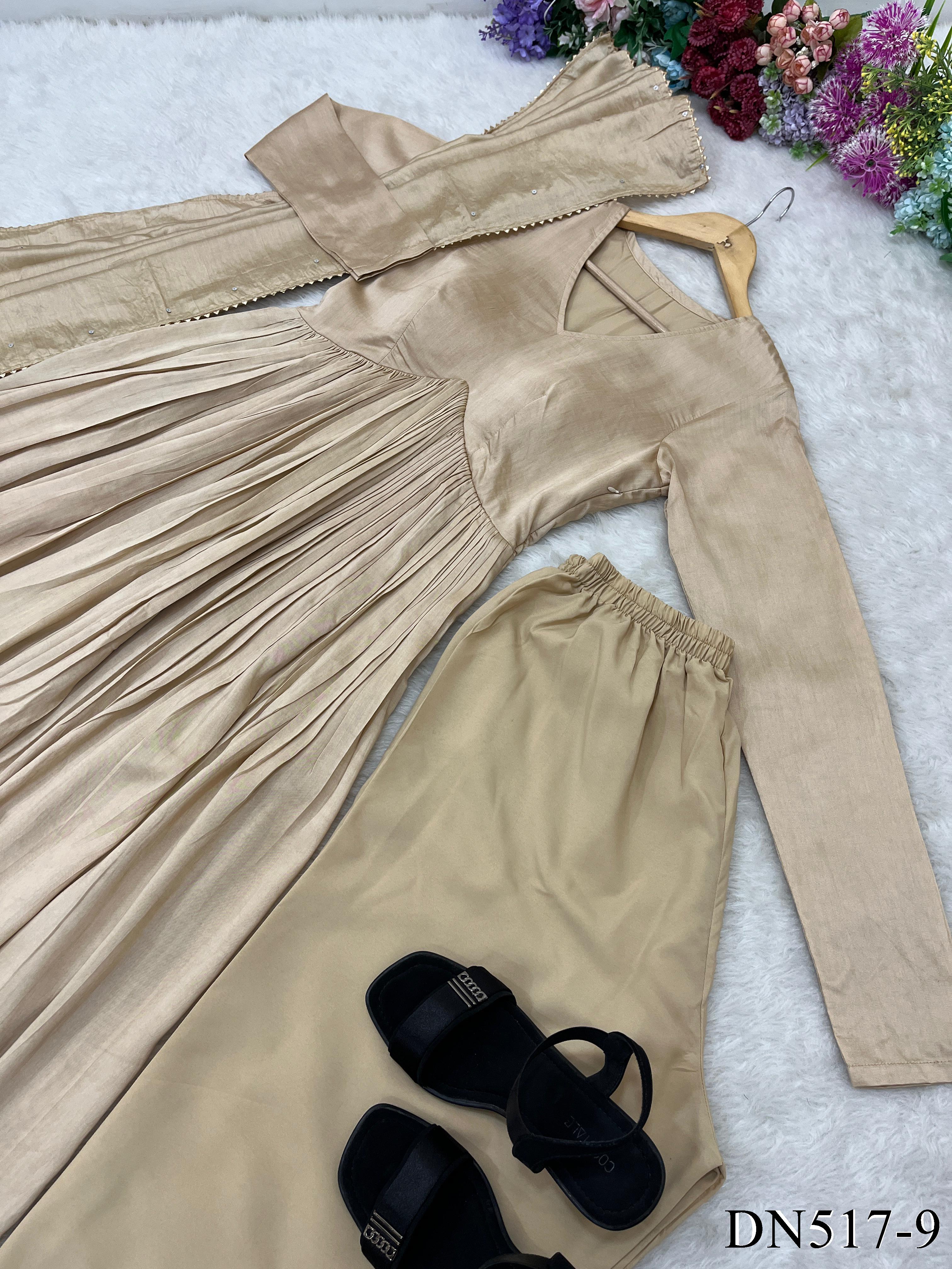 Beige Color Chanderi Cotton With Plain Work Gown