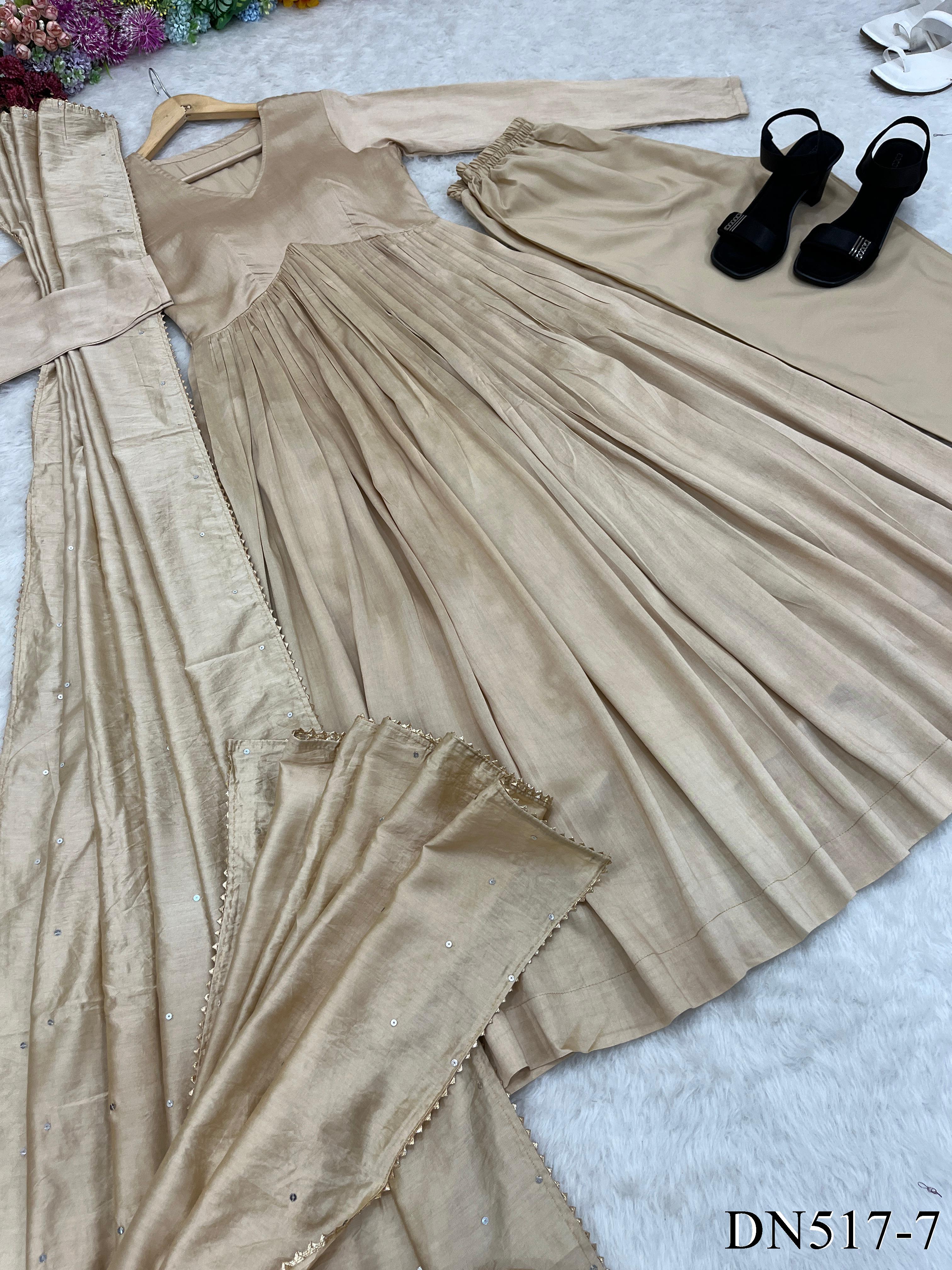 Beige Color Chanderi Cotton With Plain Work Gown