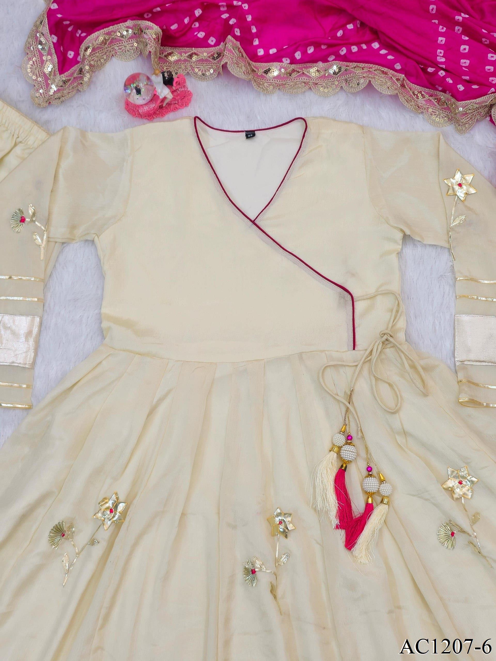 Off White Color Chinon With Hand Made Work Anarkali