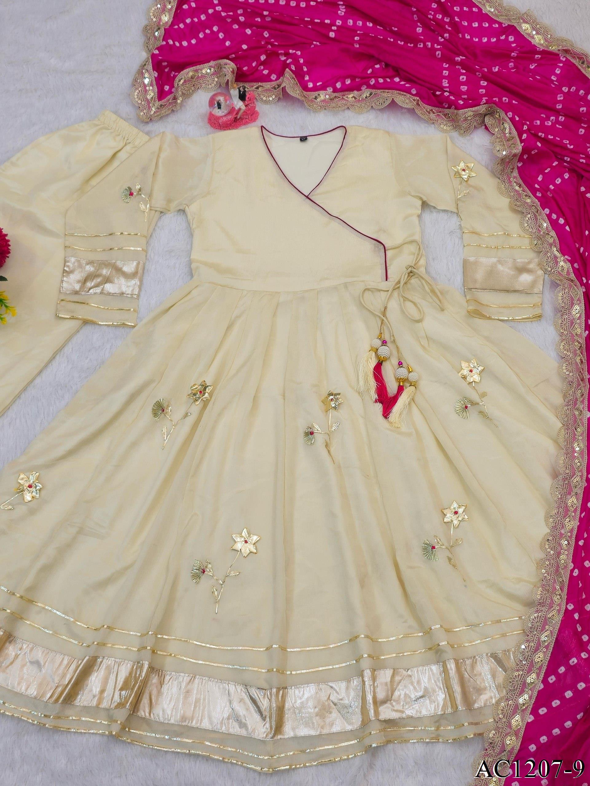 Off White Color Chinon With Hand Made Work Anarkali