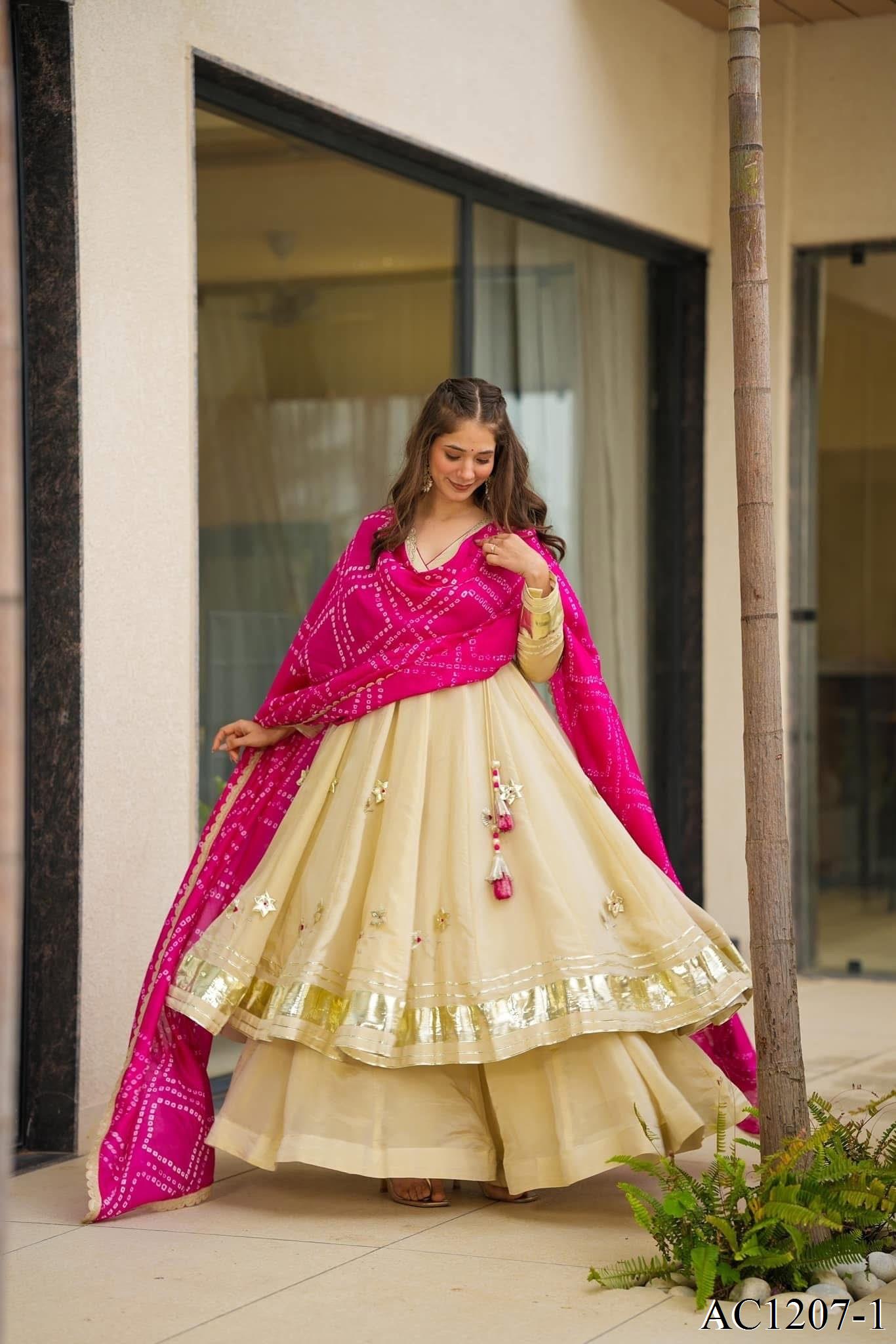 Off White Color Chinon With Hand Made Work Anarkali