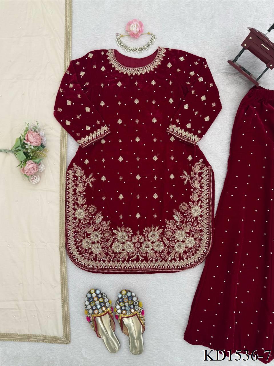 Heavy Viscose Velvet With Sequience With Pearl Work Top Plazzo