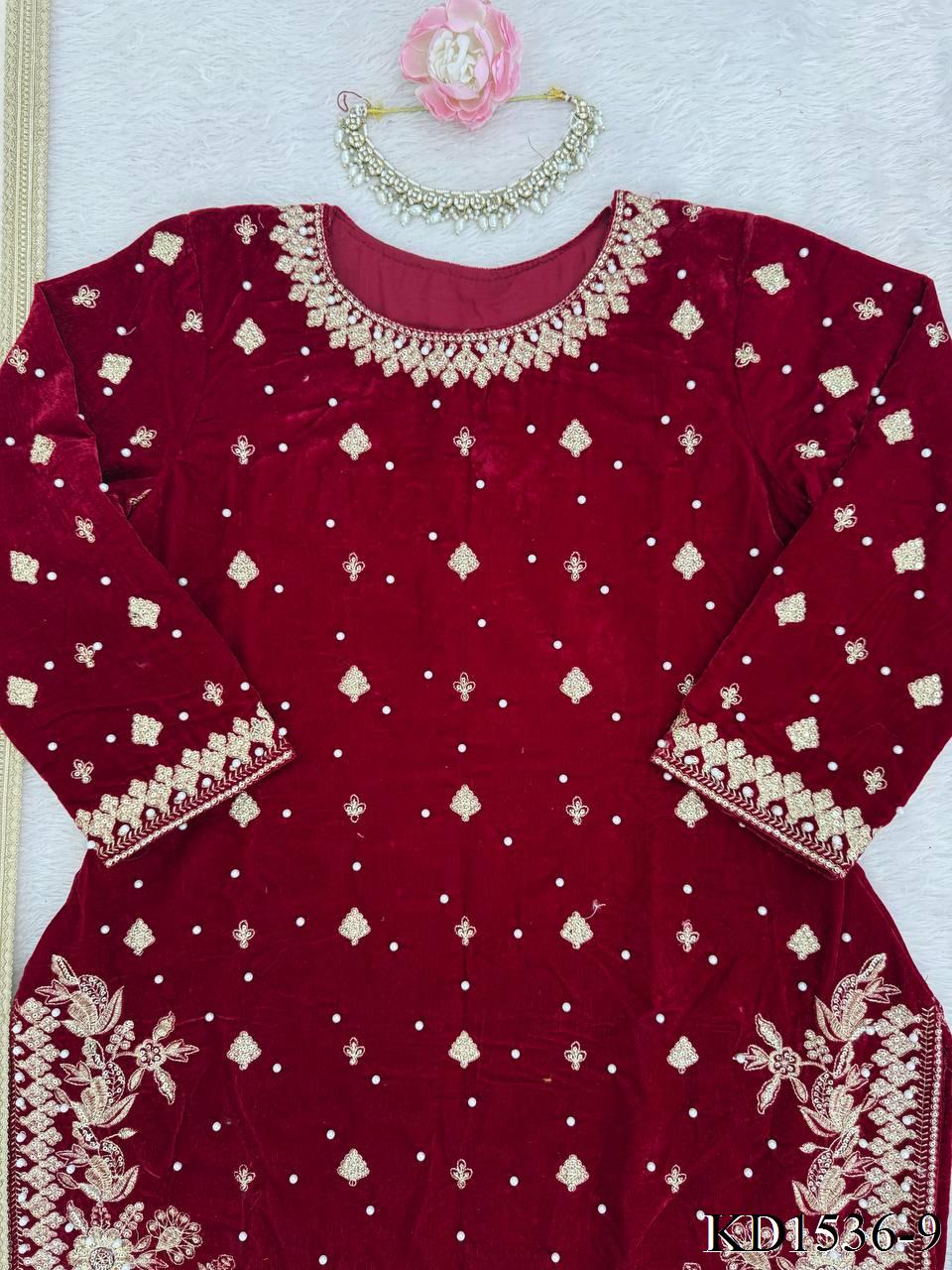 Heavy Viscose Velvet With Sequience With Pearl Work Top Plazzo