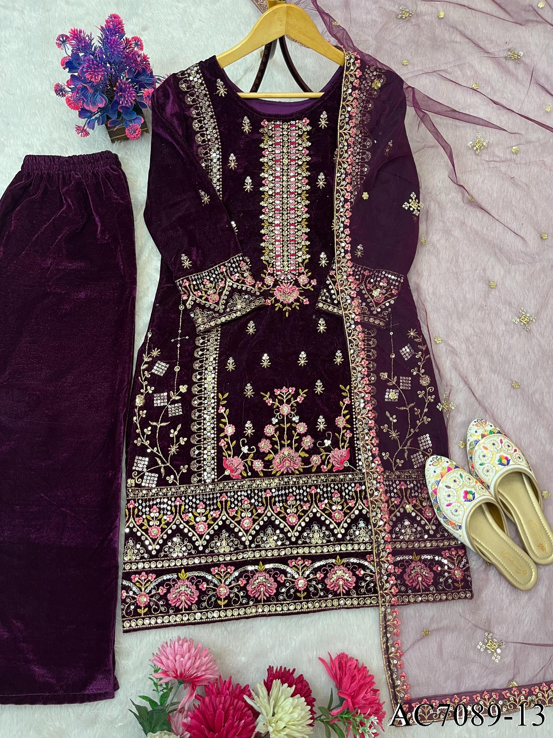 Beautifull Viscos Velvet With Embroidery Sequience Work Top Pent