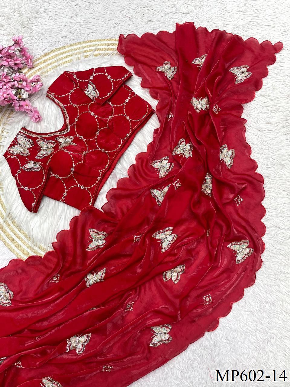 Beautifull Fendy Satin Silk With Khatli Bits Work Saree