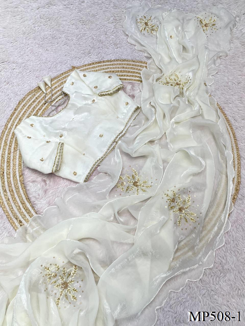 Beautifull Fandy Sattin With Cut Dana Hand Work Saree