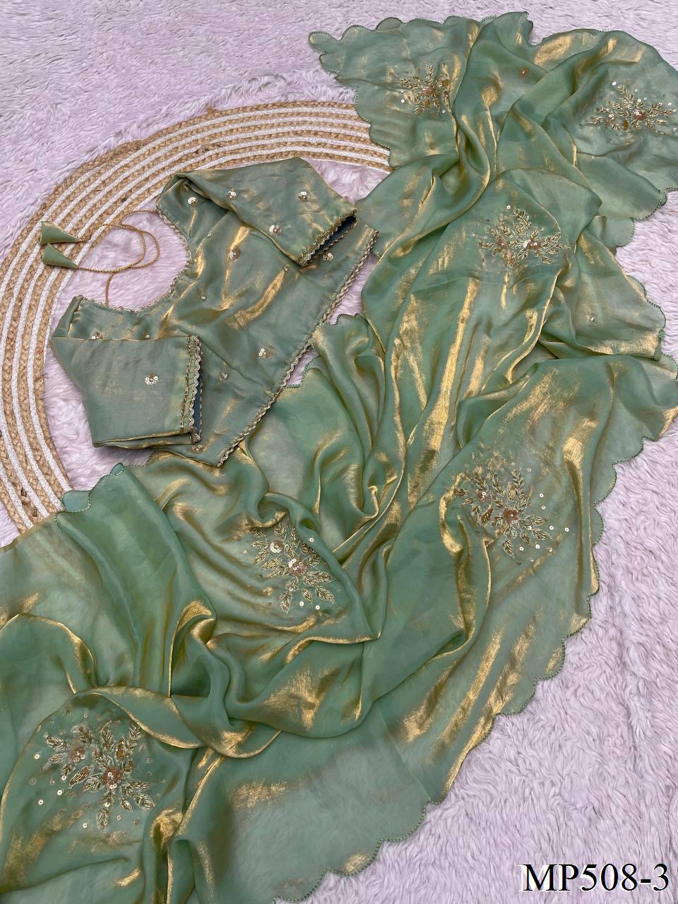 Beautifull Fandy Sattin With Cut Dana Hand Work Saree