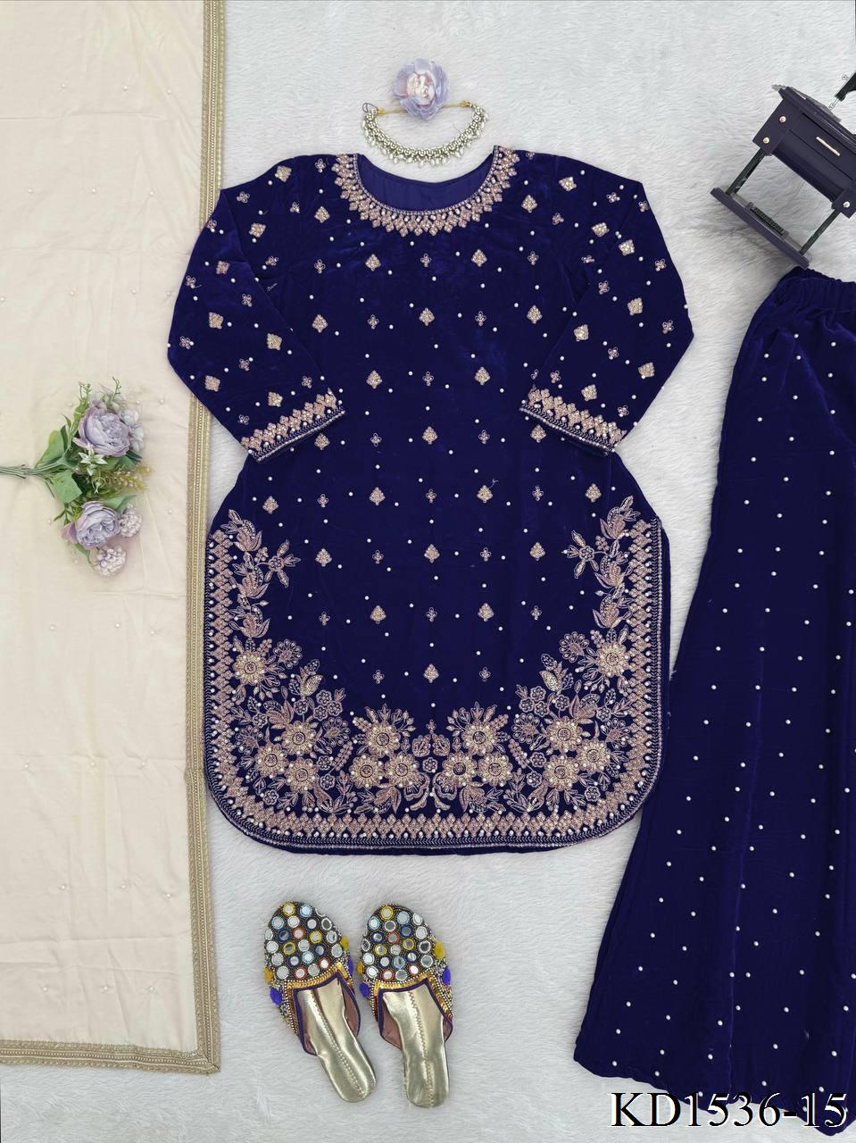 Heavy Viscose Velvet With Sequience With Pearl Work Top Plazzo