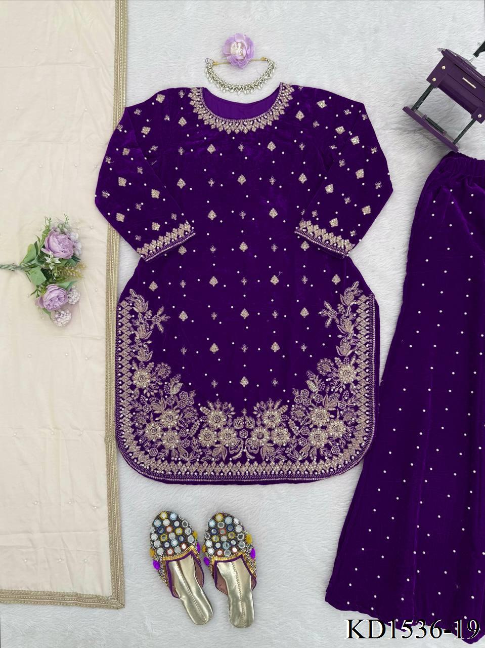 Heavy Viscose Velvet With Sequience With Pearl Work Top Plazzo