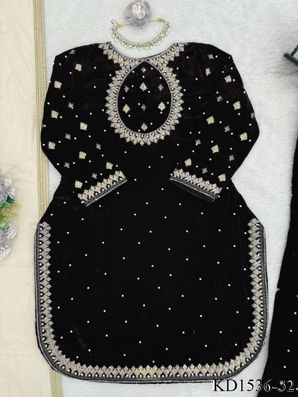 Heavy Viscose Velvet With Sequience With Pearl Work Top Plazzo