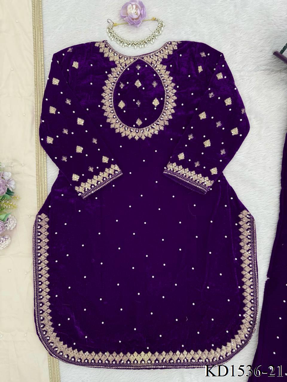 Heavy Viscose Velvet With Sequience With Pearl Work Top Plazzo
