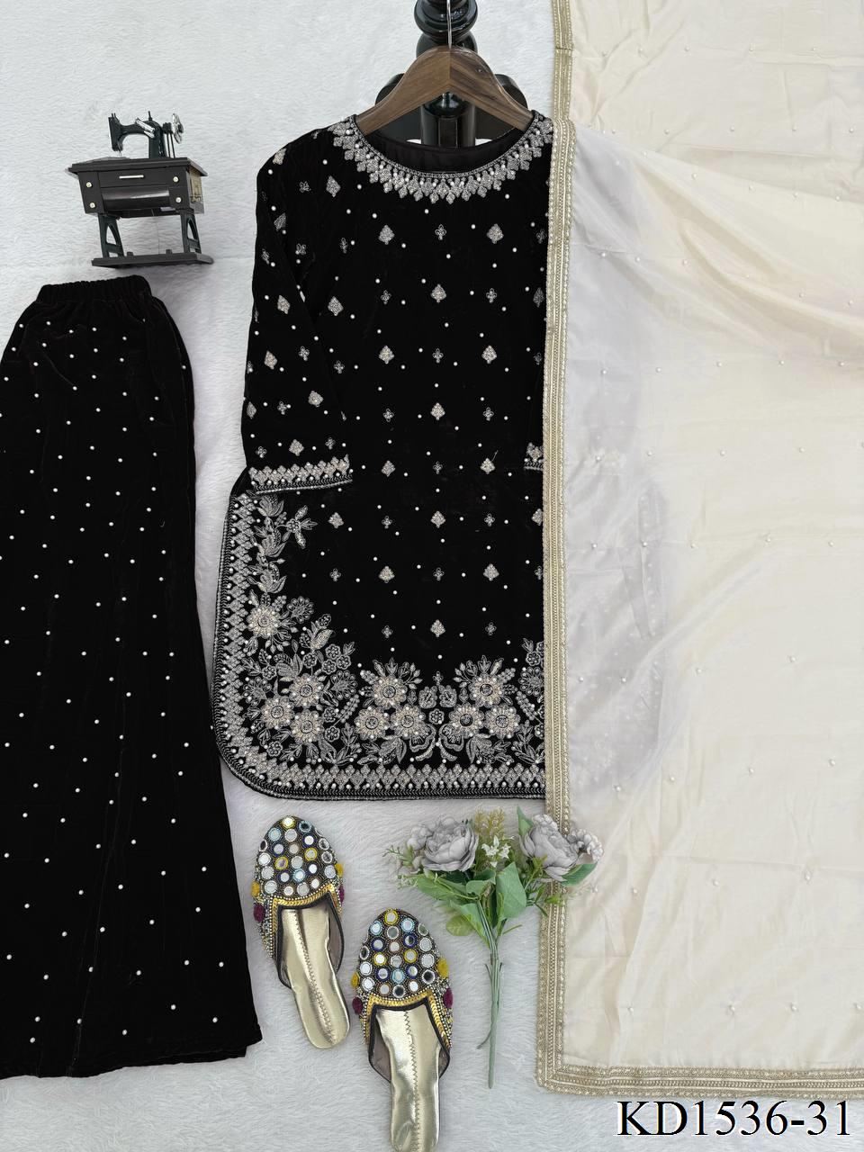 Heavy Viscose Velvet With Sequience With Pearl Work Top Plazzo