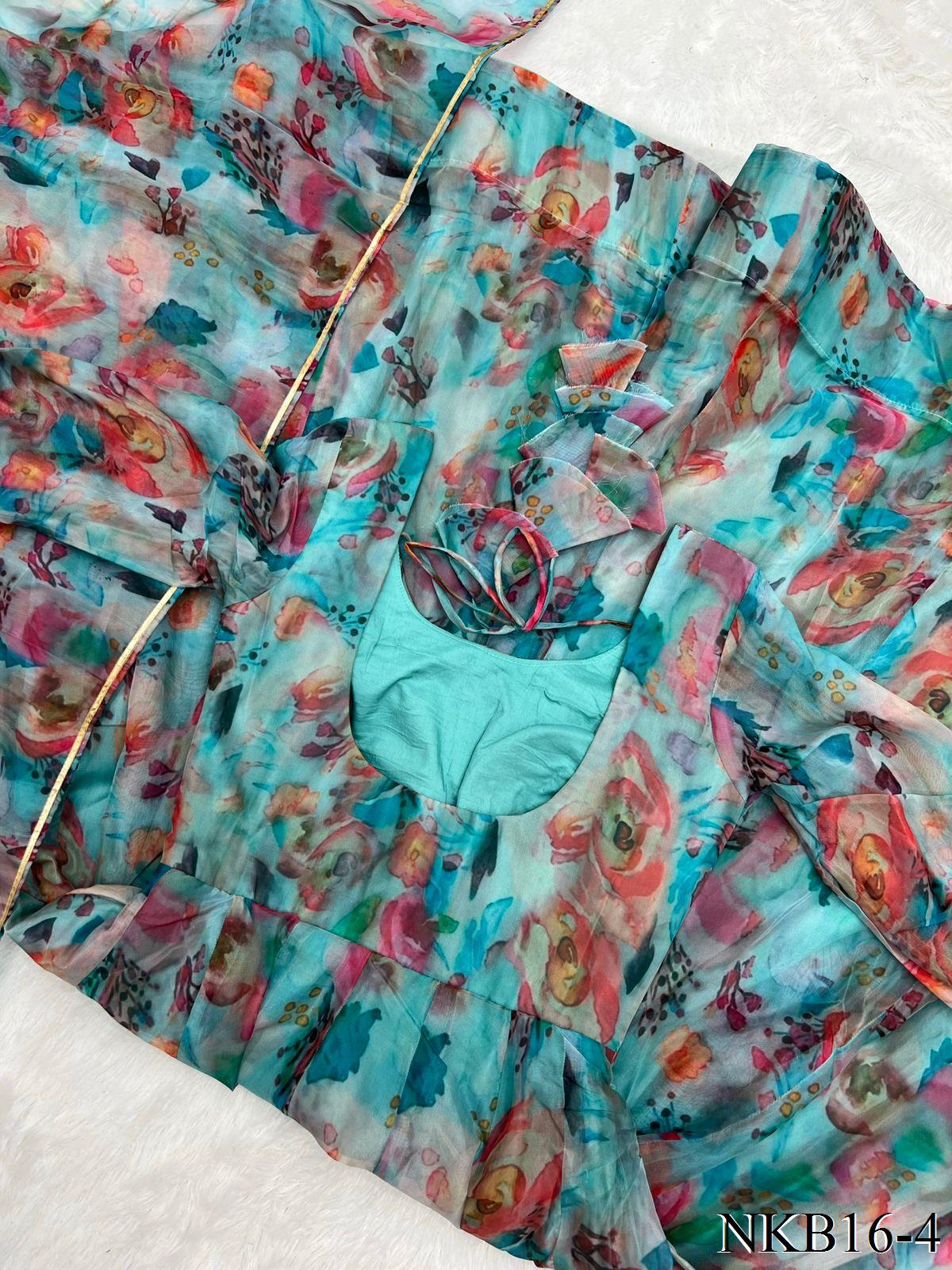 Best Seller Organza Silk Printed Gown With Waist Belt