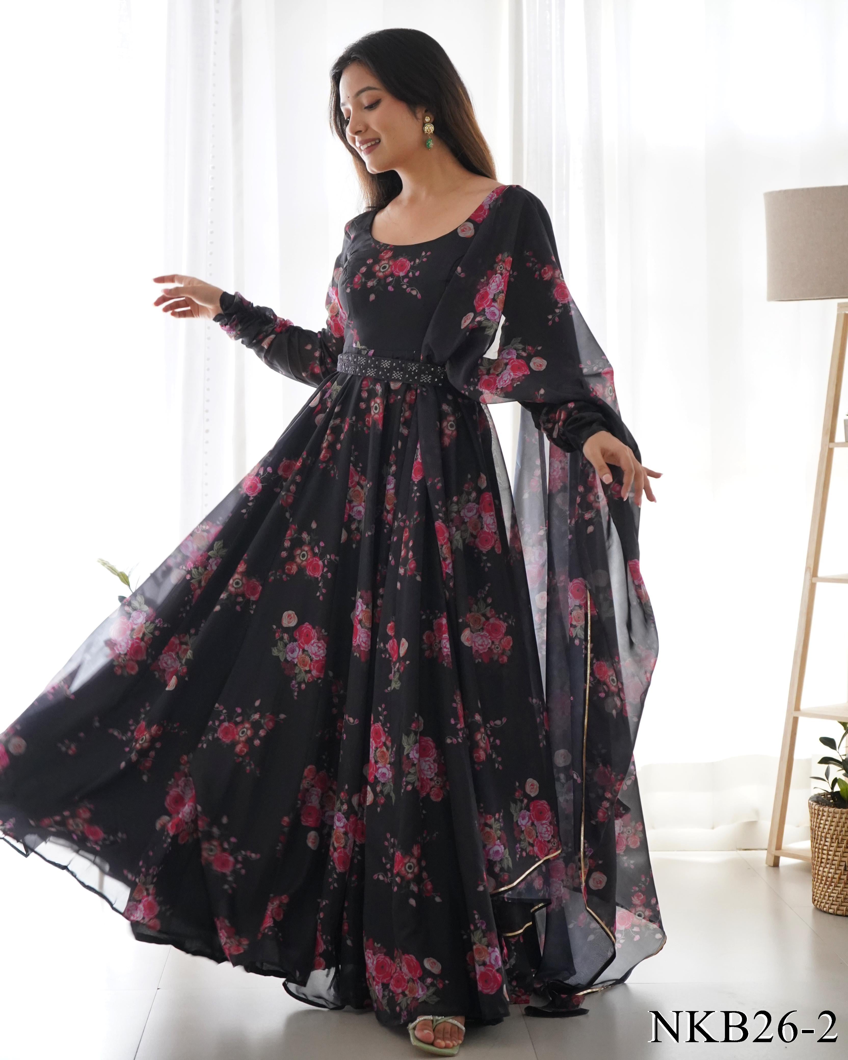 Floral Printed Organza Silk Gown With Waist Belt