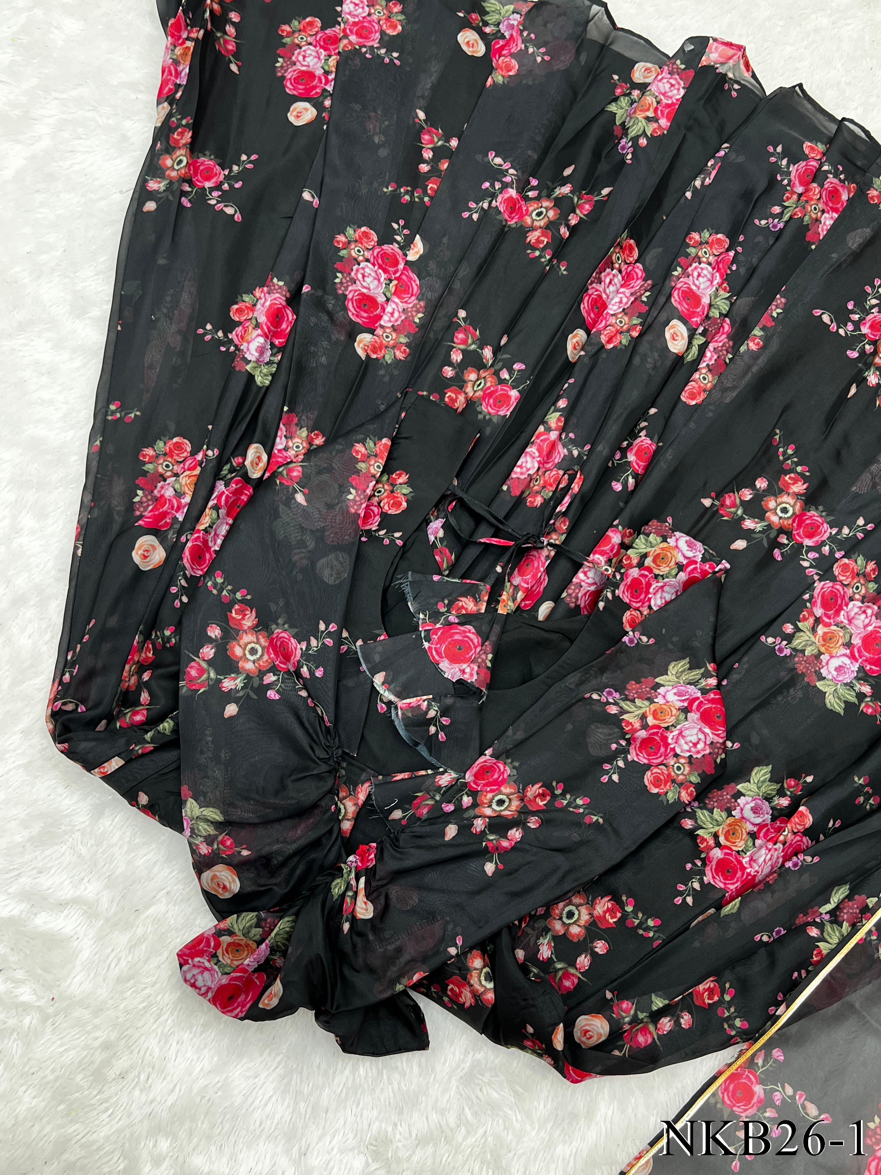 Floral Printed Organza Silk Gown With Waist Belt