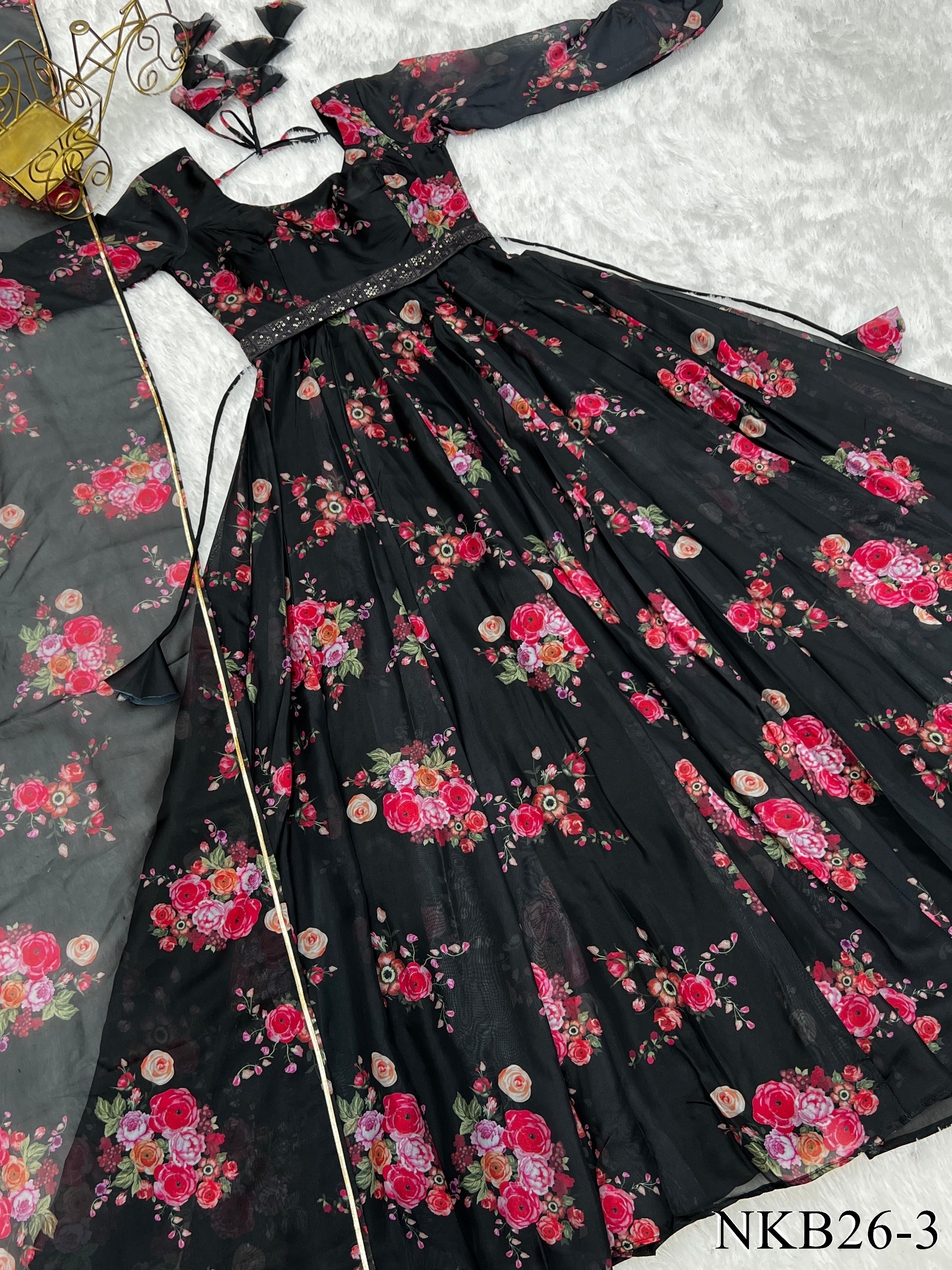 Floral Printed Organza Silk Gown With Waist Belt