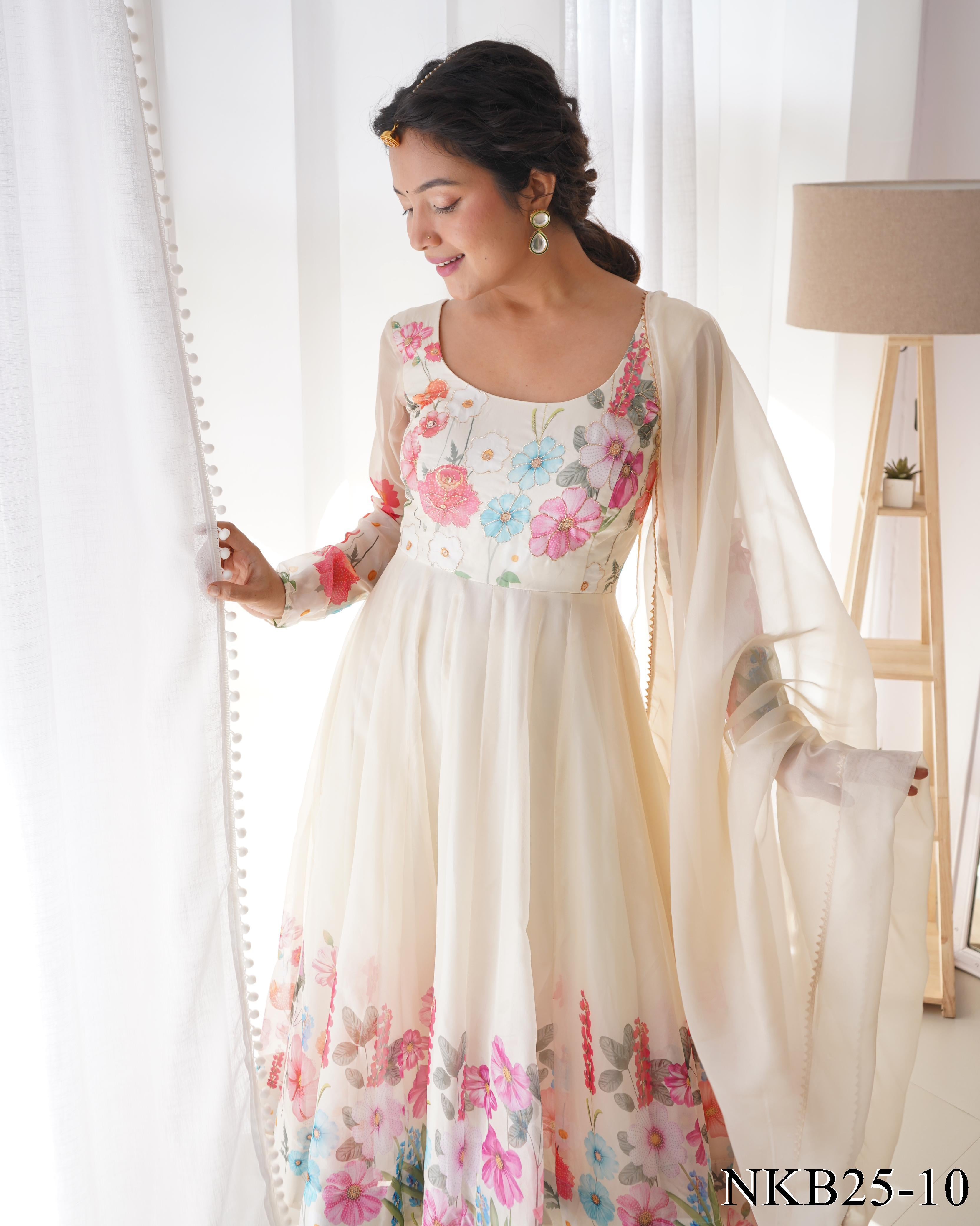 Beautiful Floral Position Outing Work Full Stitched Anarakali Gown