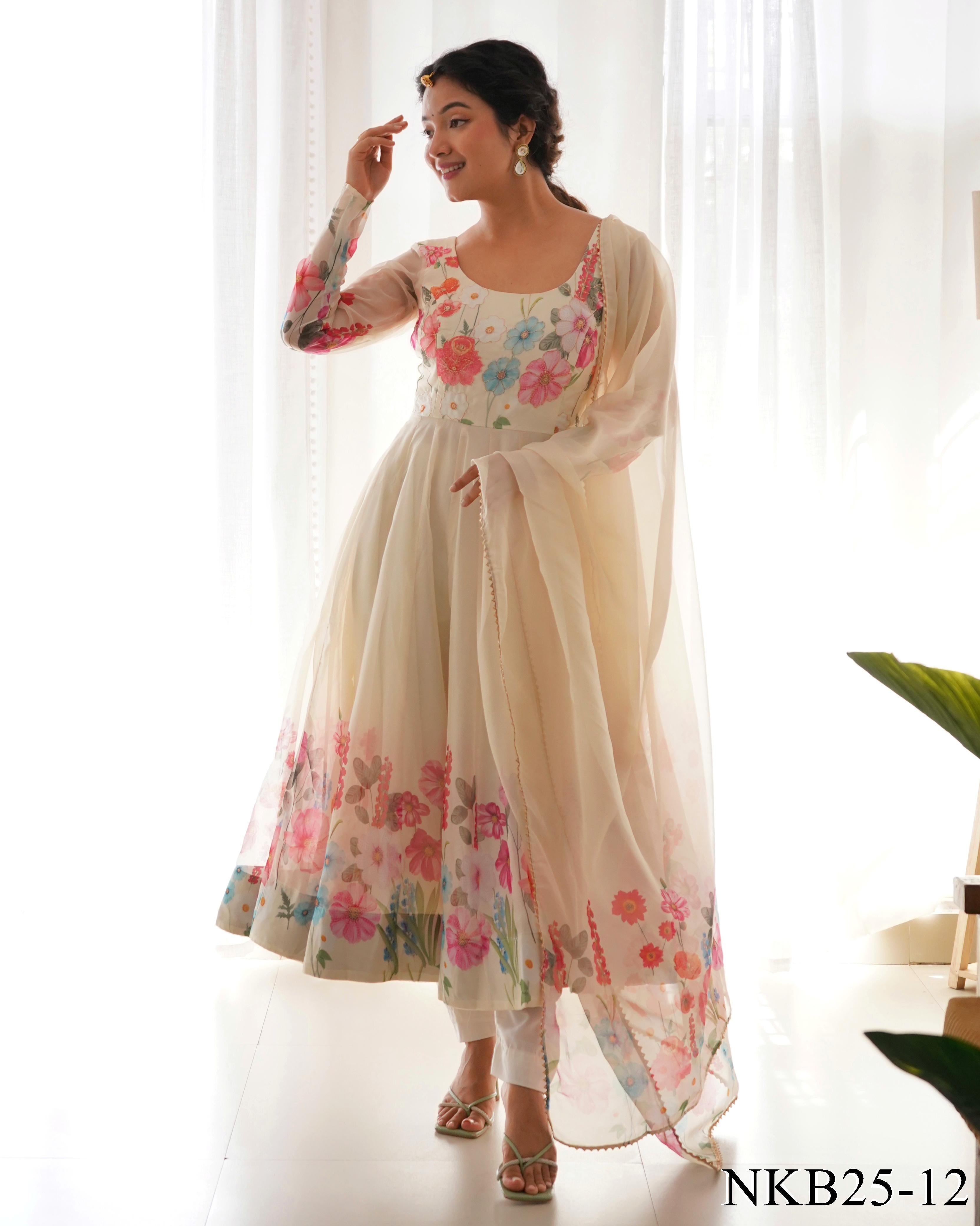 Beautiful Floral Position Outing Work Full Stitched Anarakali Gown