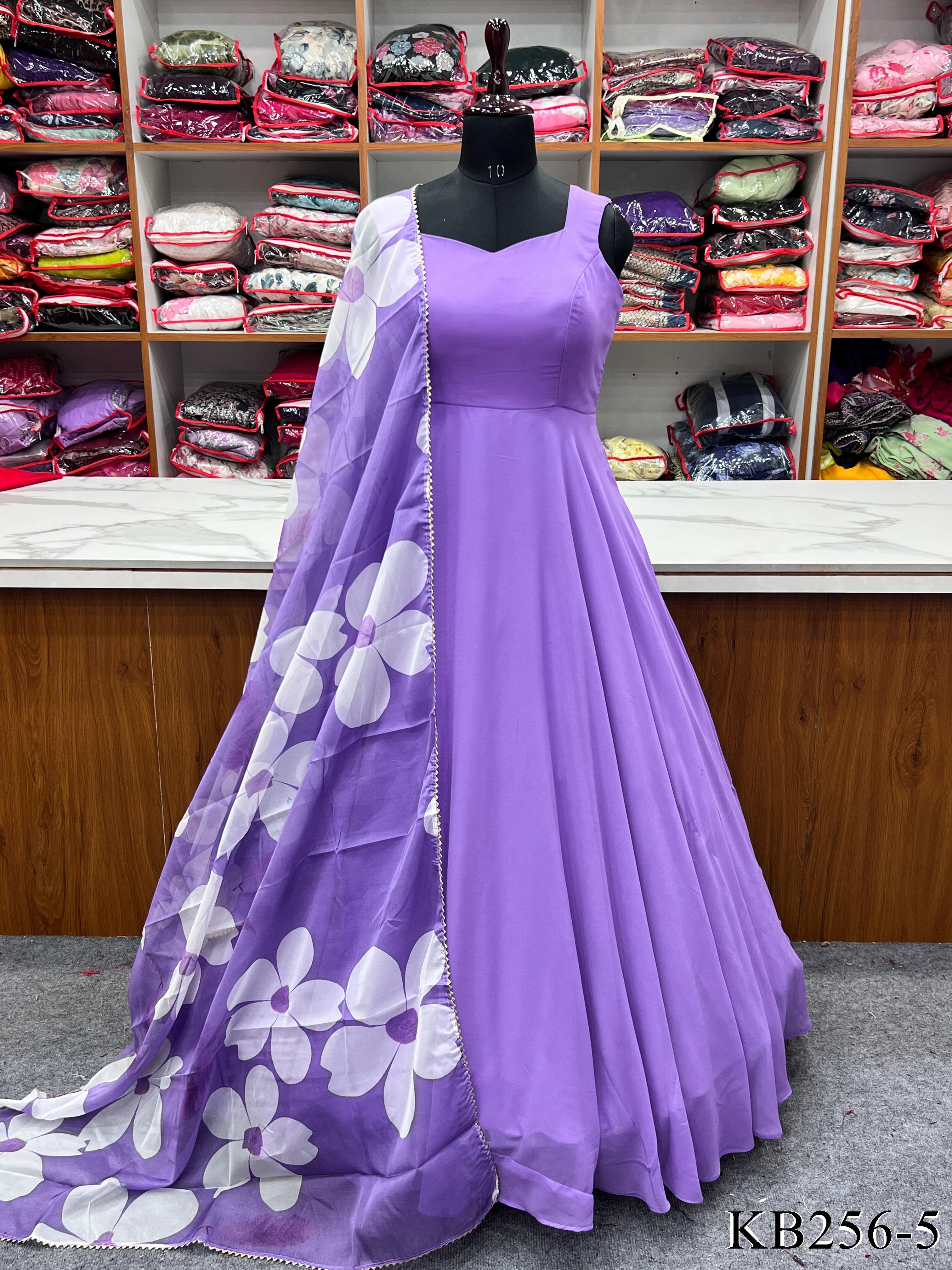 Demanded Georgette Plain Gown With Floral Printed Dupatta
