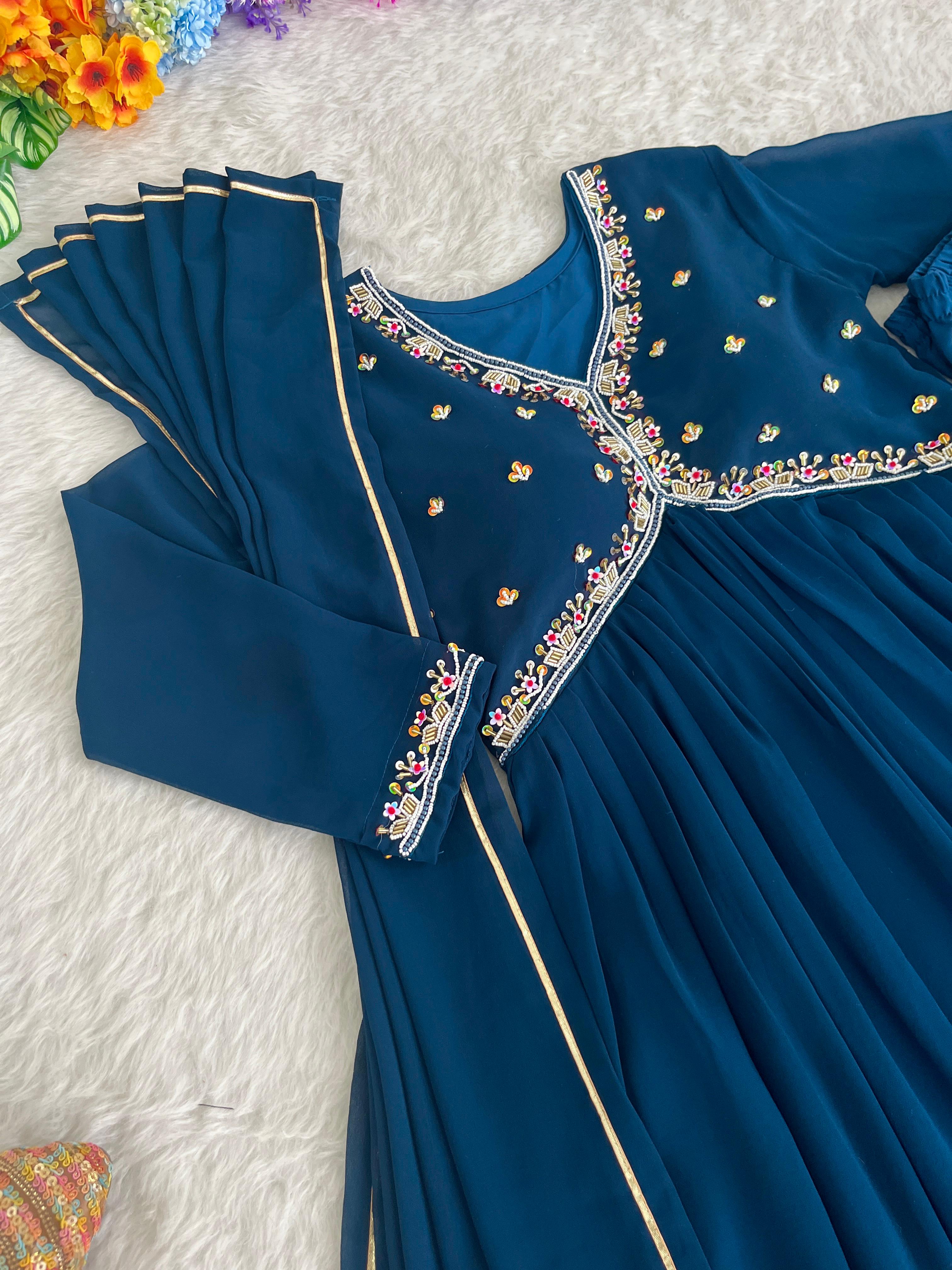 Blue Colour Original Hand Work Alicut Kurti Set