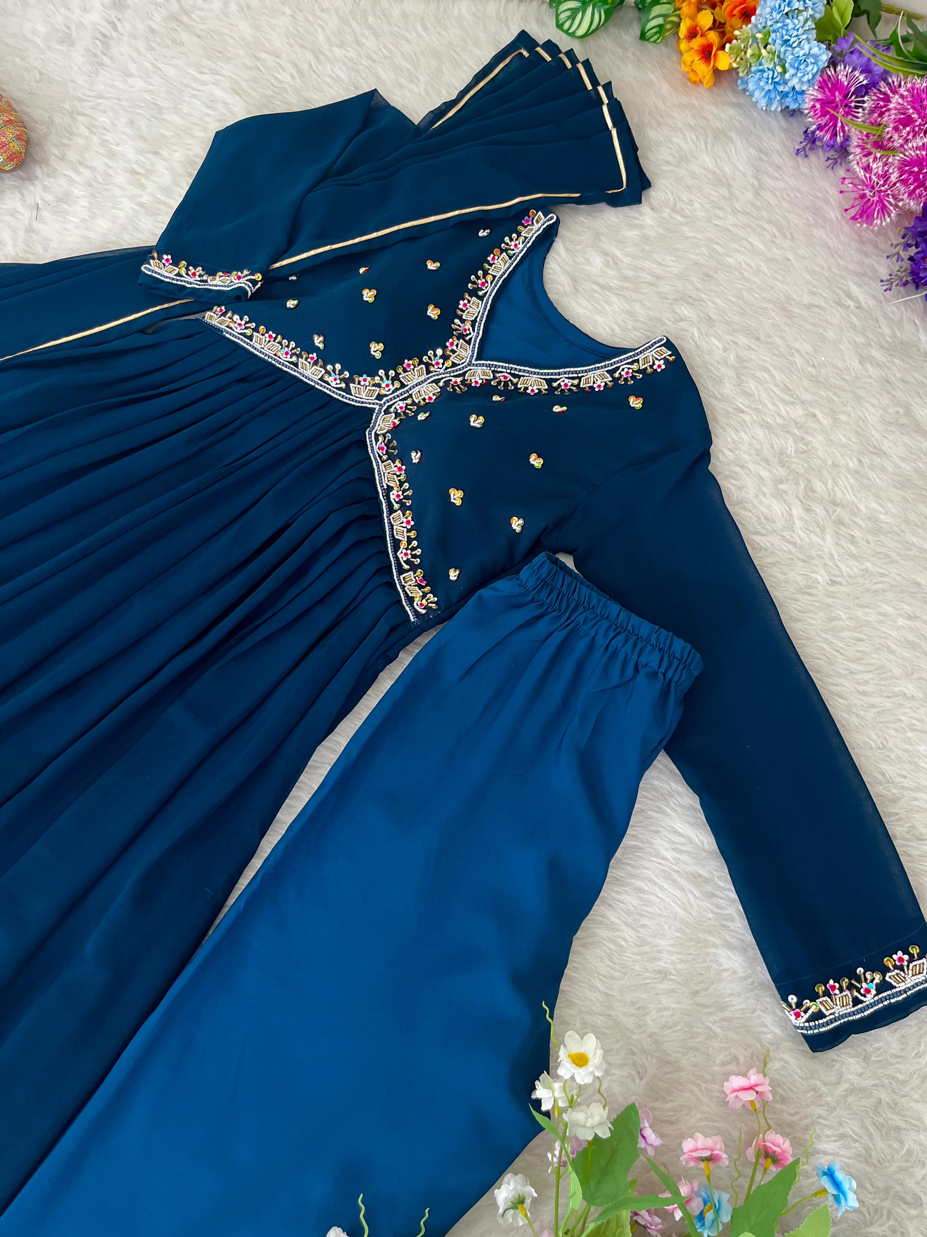 Blue Colour Original Hand Work Alicut Kurti Set