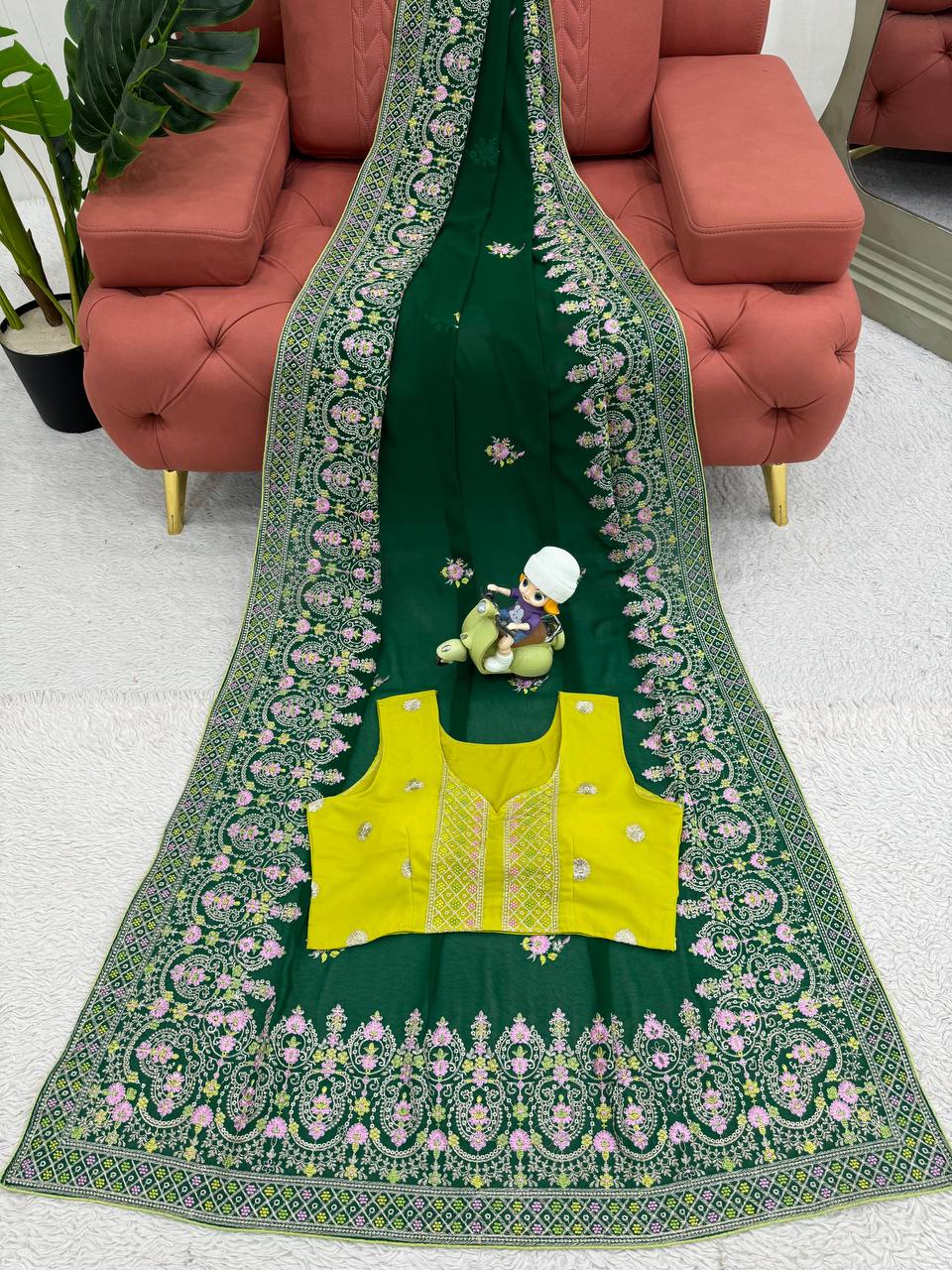 Green Colour Georgette Sequence Work Designer Saree