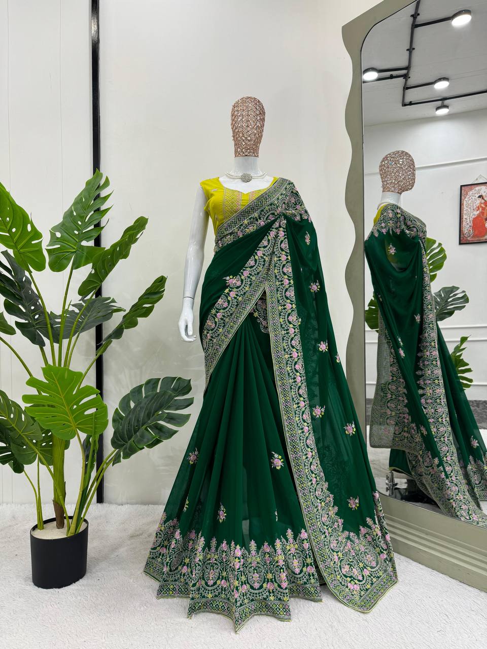 Green Colour Georgette Sequence Work Designer Saree