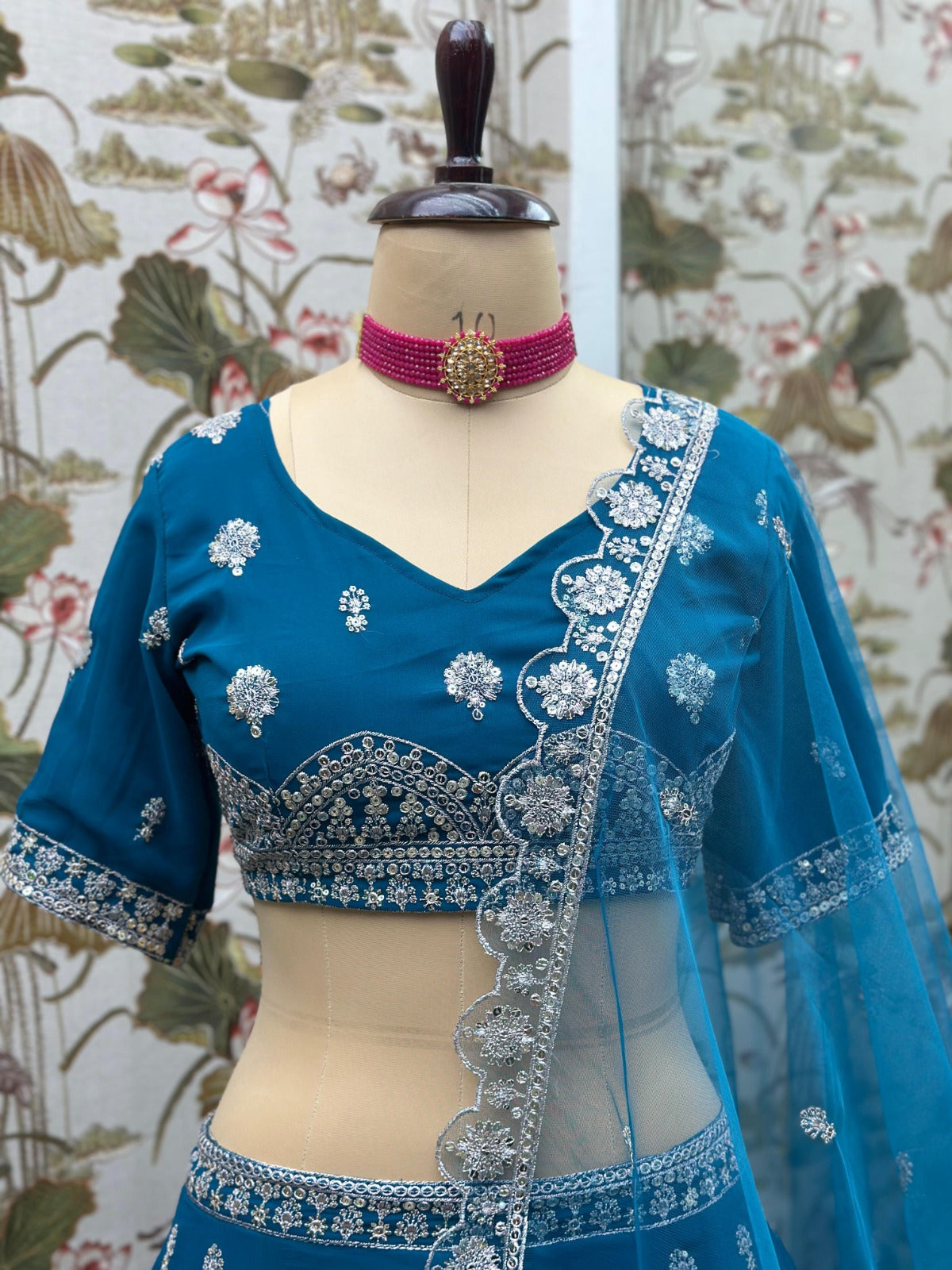 Faux Georgette Lehenga with Embroidered Choli and Dupatta