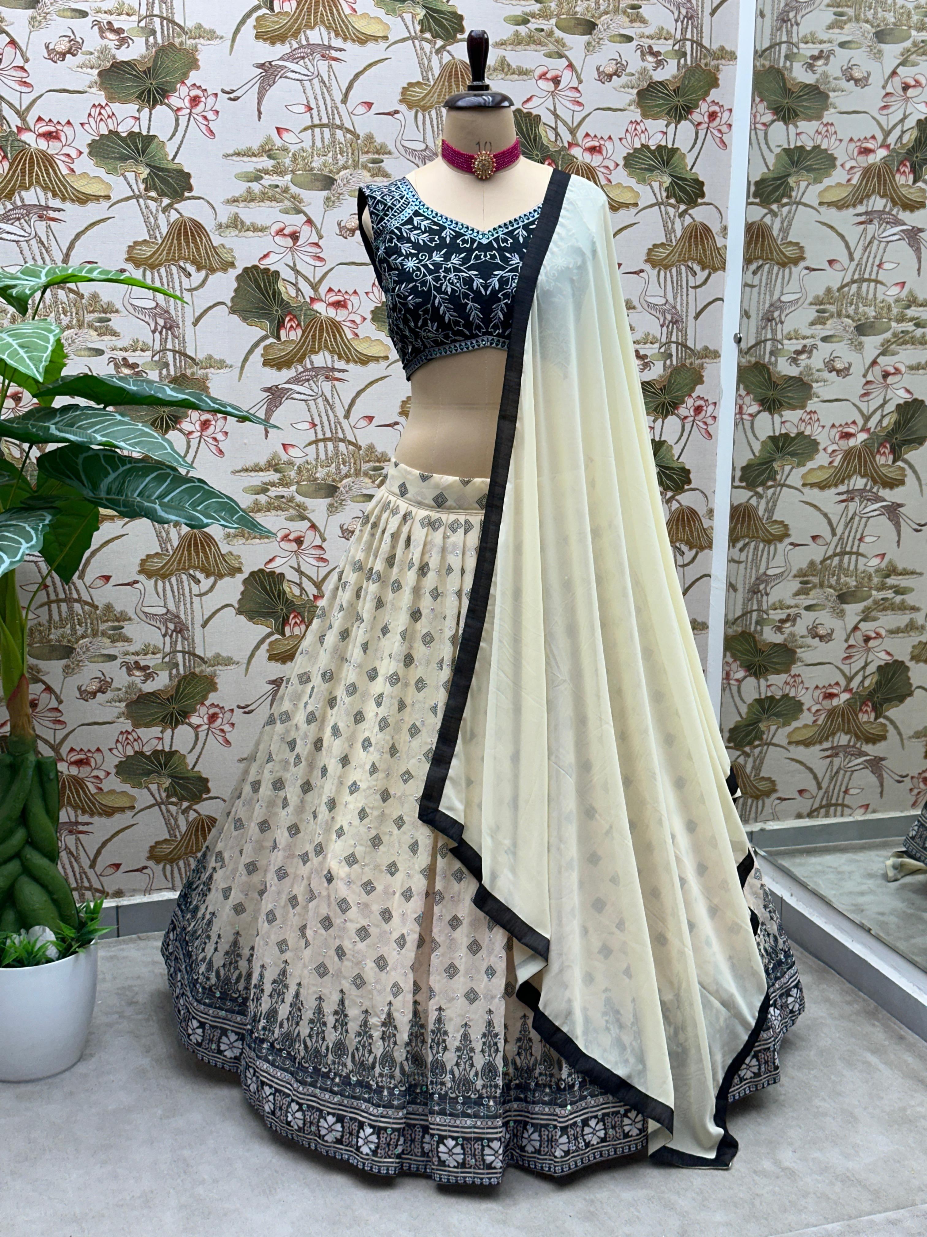 Digital Print With Embroidery Sequence Design Work With Faux Georgette Lehenga Choli