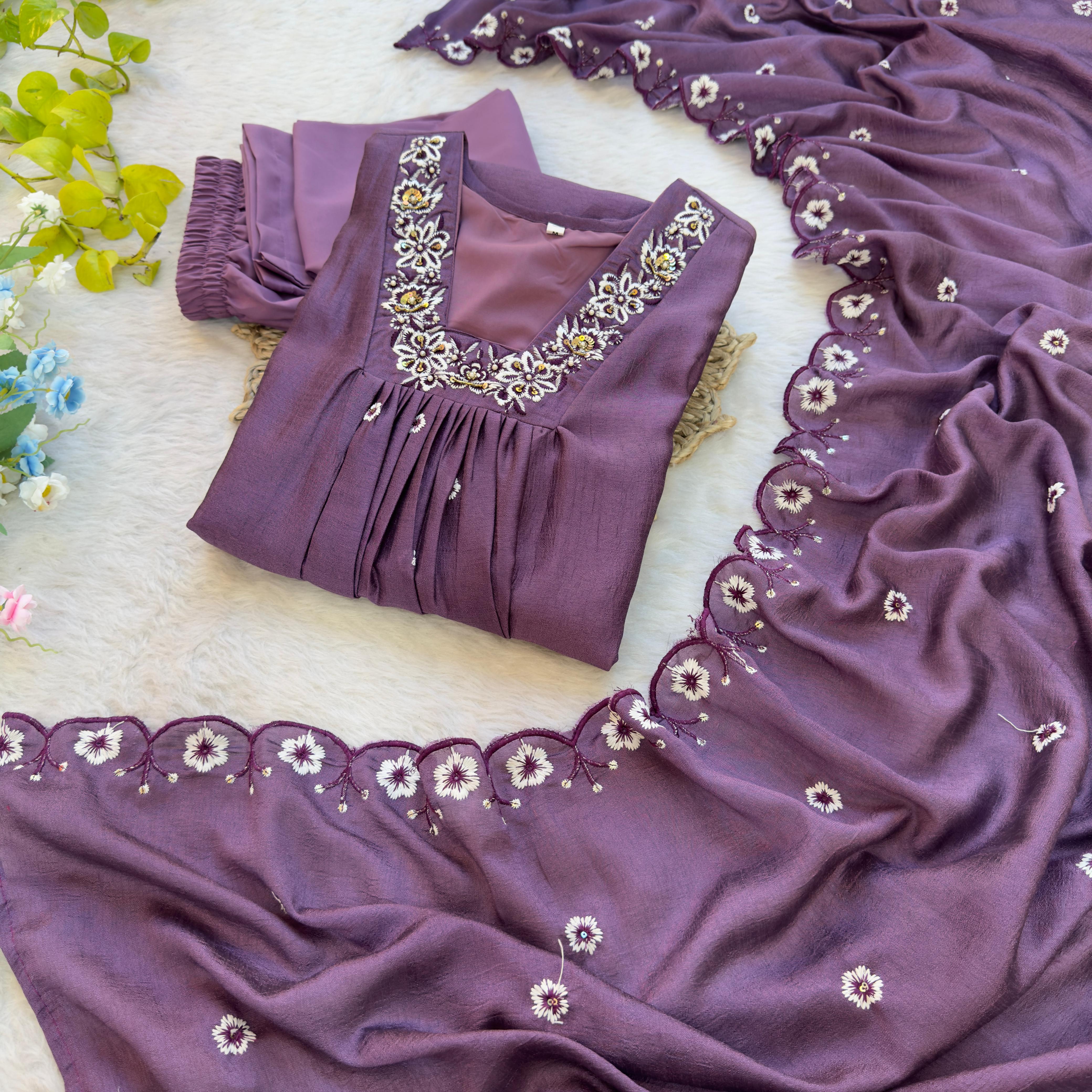 Pure Vichitra Silk Hand work With Heavy Butter Cotton Gown