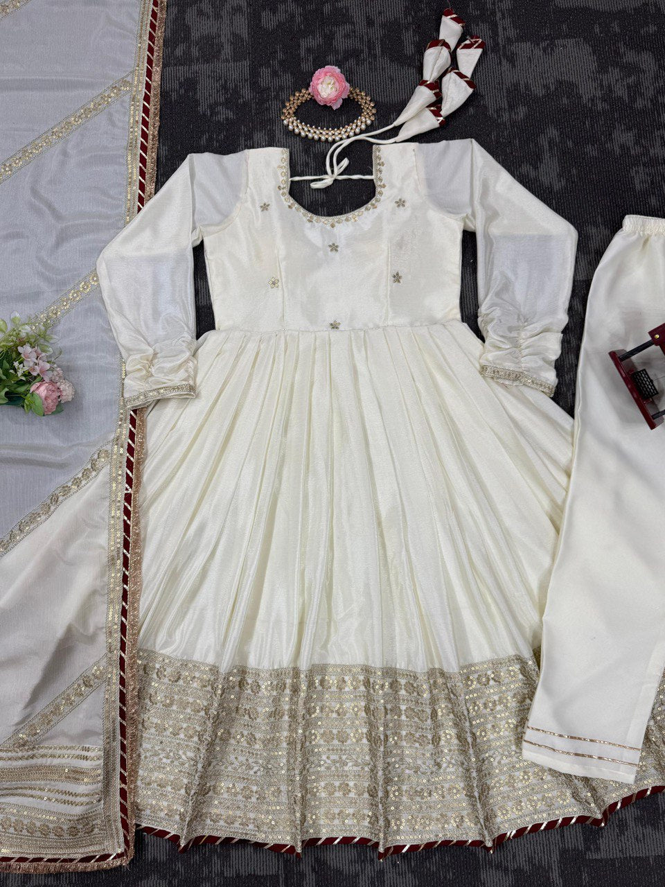 White Colour Chinon Silk Thread With Sequence Lace Work Gown With Heavy Dupatta