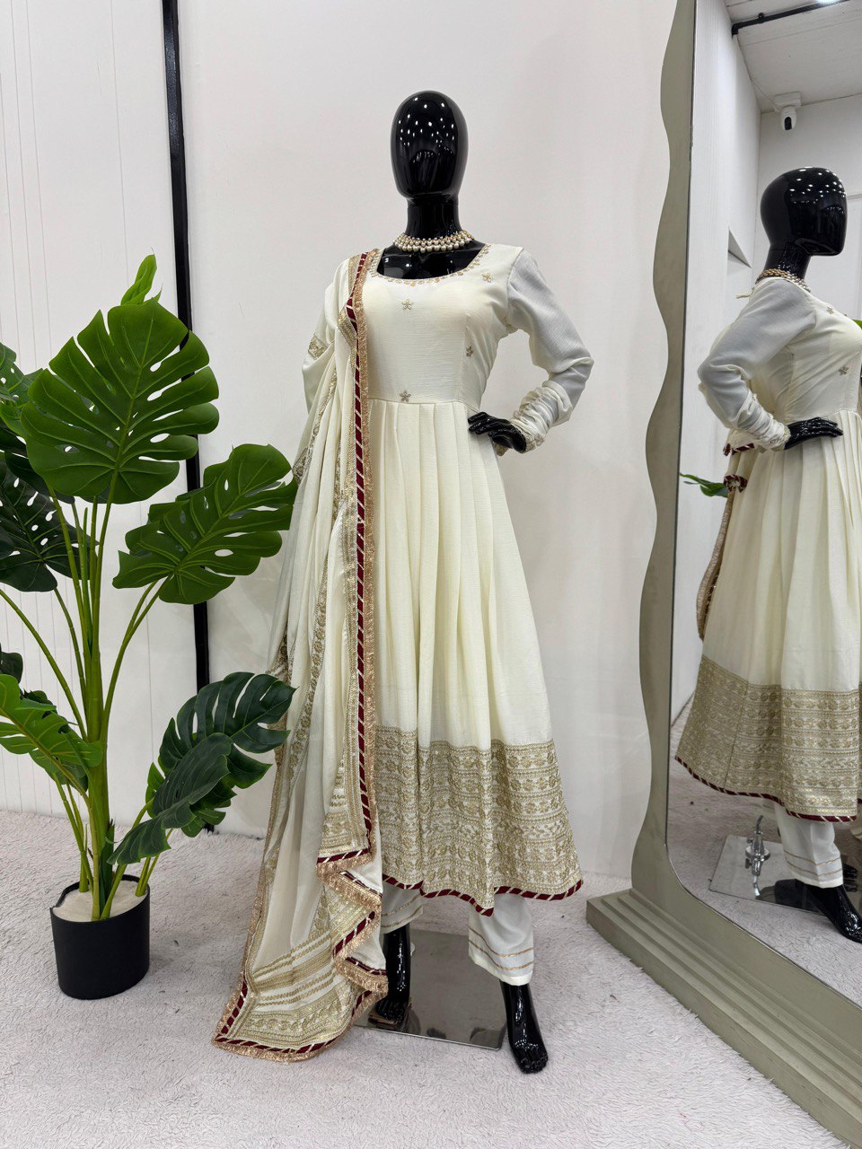 White Colour Chinon Silk Thread With Sequence Lace Work Gown With Heavy Dupatta