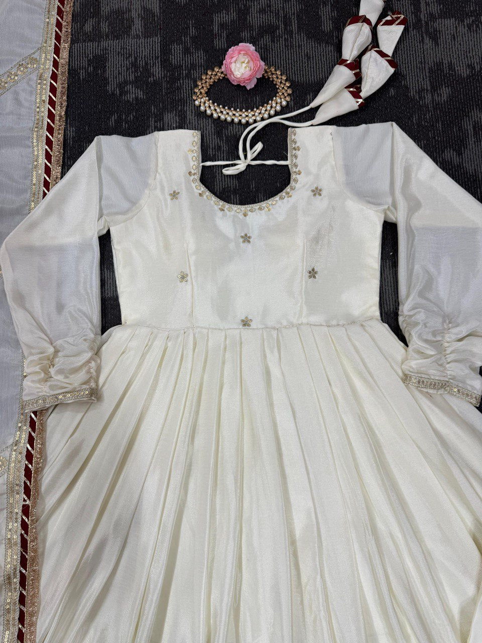 White Colour Chinon Silk Thread With Sequence Lace Work Gown With Heavy Dupatta