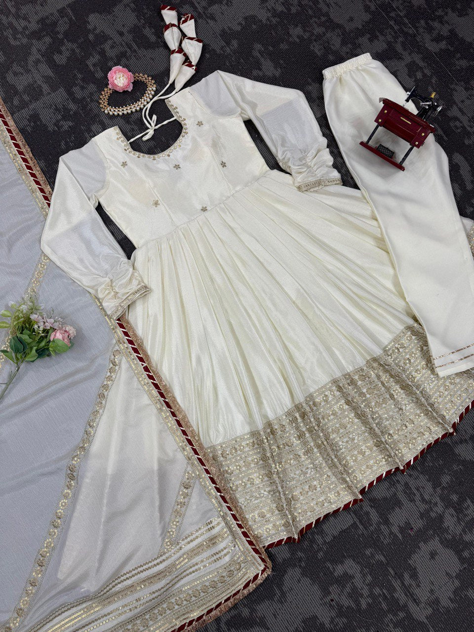 White Colour Chinon Silk Thread With Sequence Lace Work Gown With Heavy Dupatta