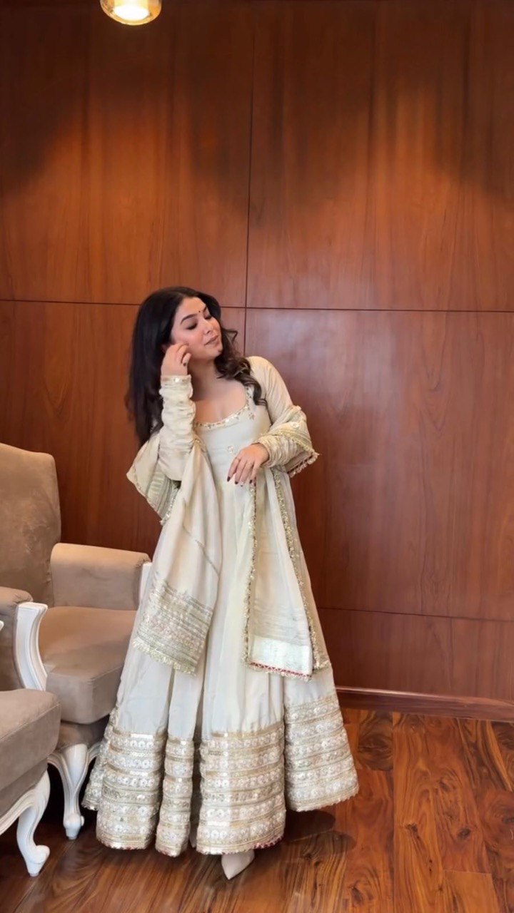 White Colour Chinon Silk Thread With Sequence Lace Work Gown With Heavy Dupatta