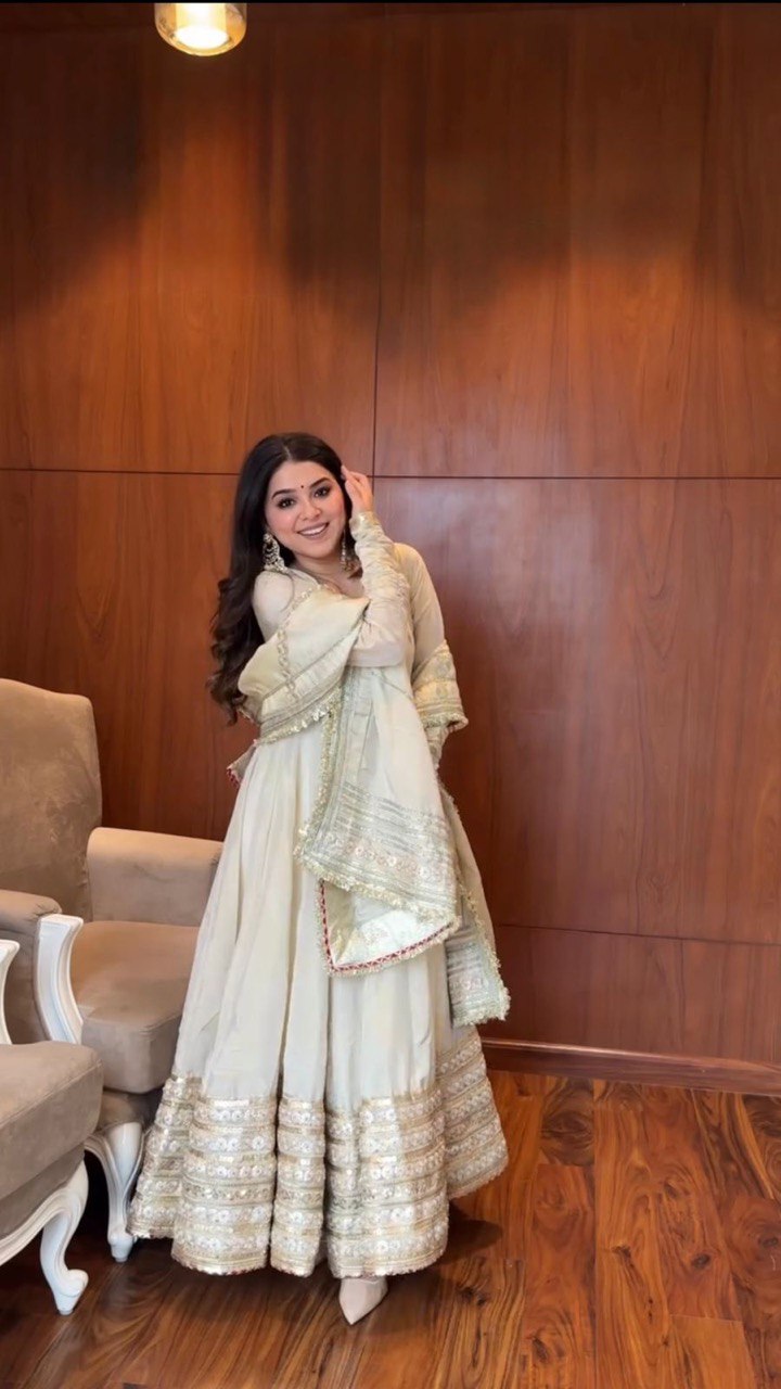 White Colour Chinon Silk Thread With Sequence Lace Work Gown With Heavy Dupatta