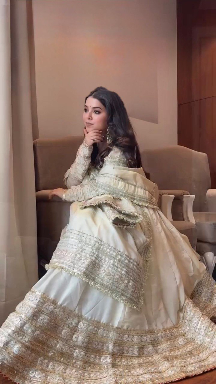 White Colour Chinon Silk Thread With Sequence Lace Work Gown With Heavy Dupatta