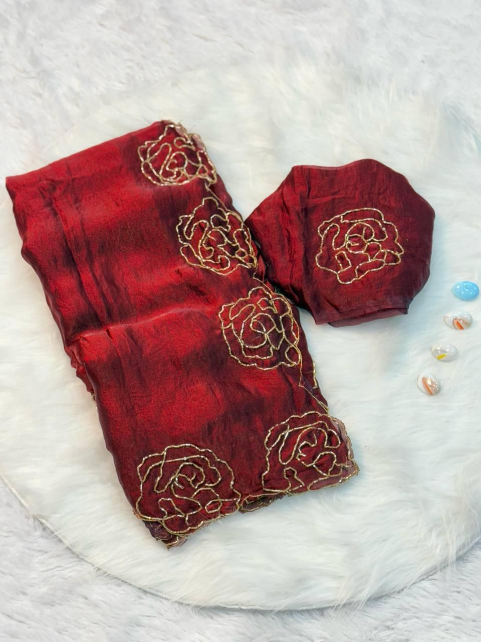 Space Silk Soft Shinwe With Rich Lotus And Hand Made Saree