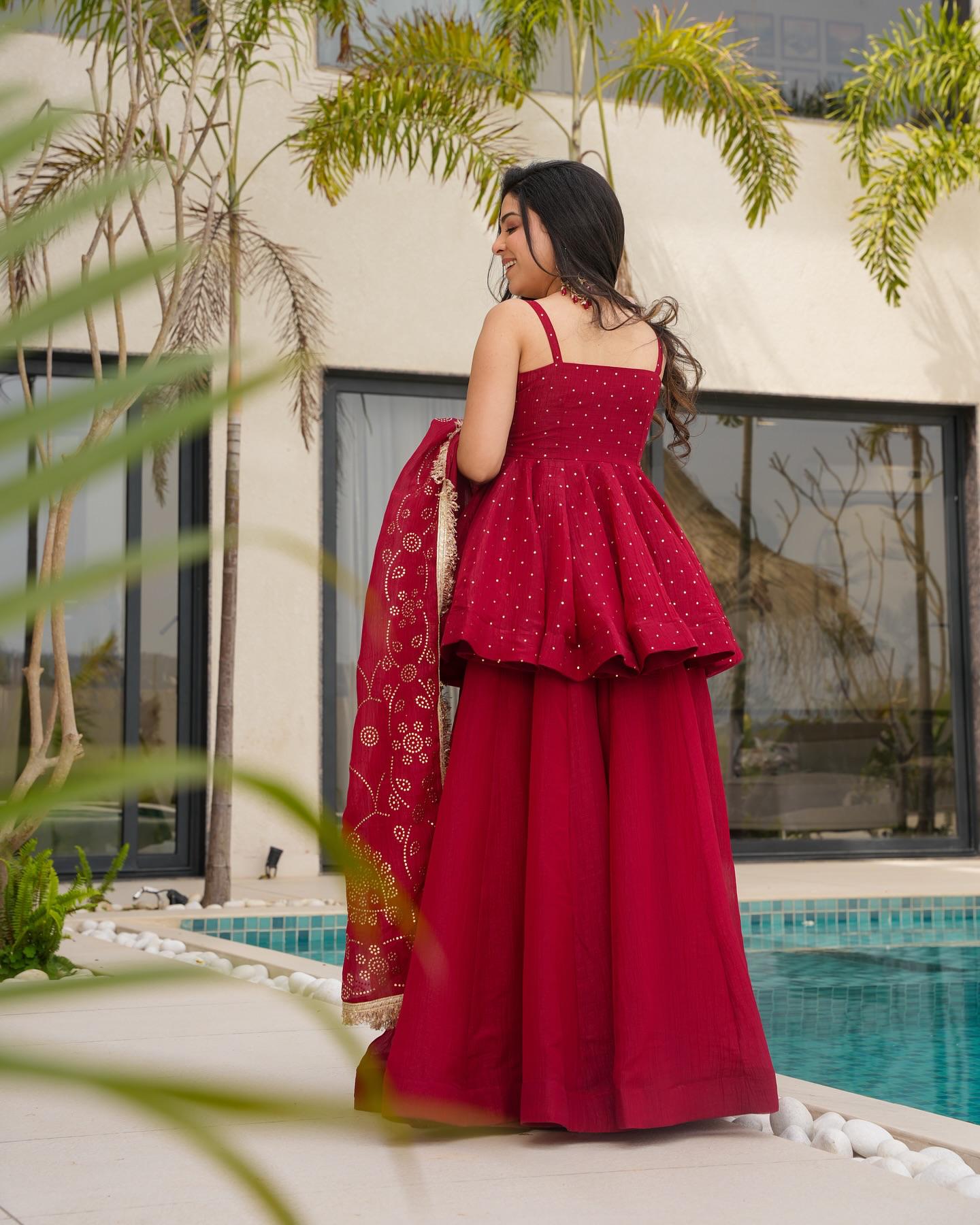 PURE TABBY ORGANZA SILK RED COLOR TOP PLAZZO