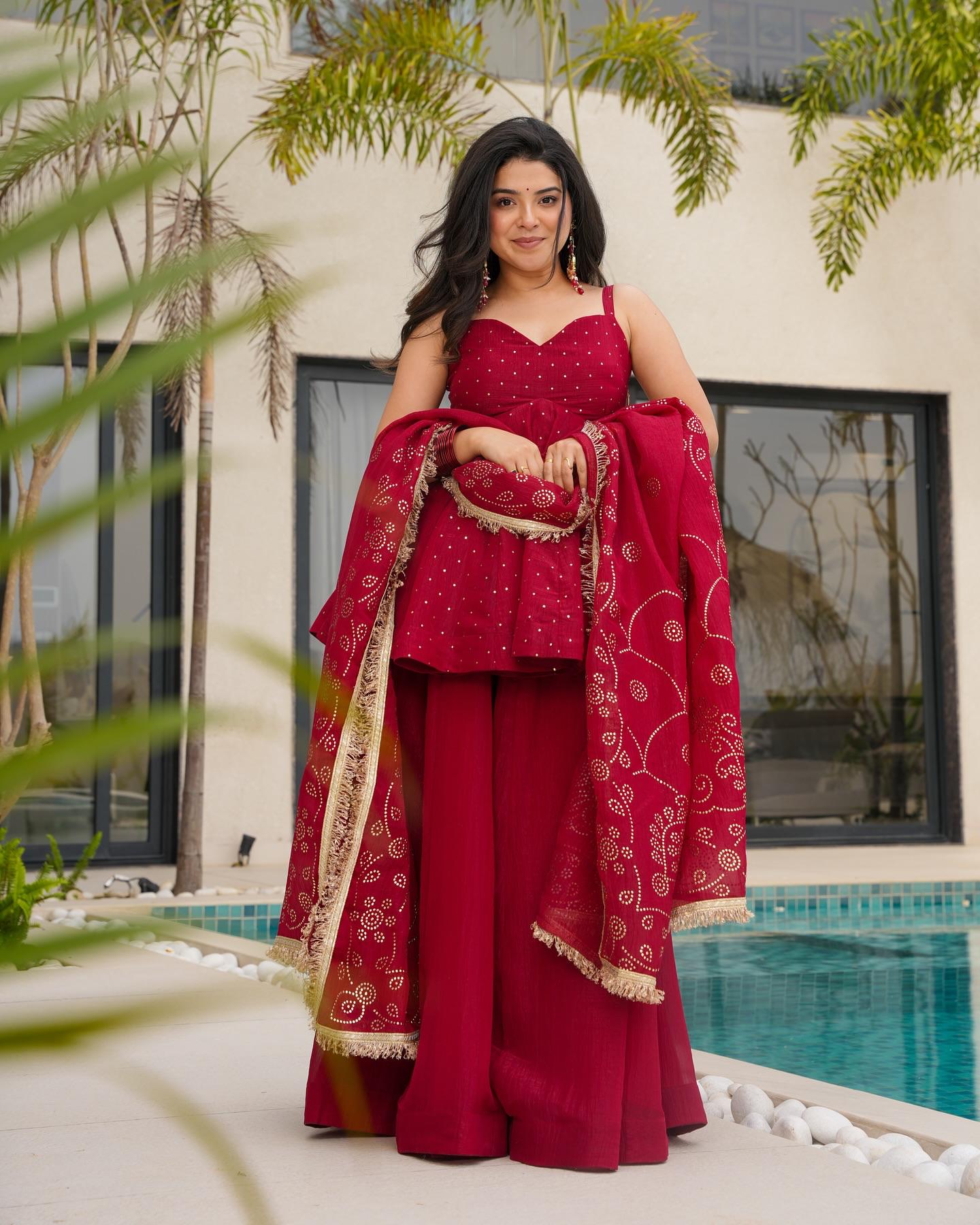 PURE TABBY ORGANZA SILK RED COLOR TOP PLAZZO