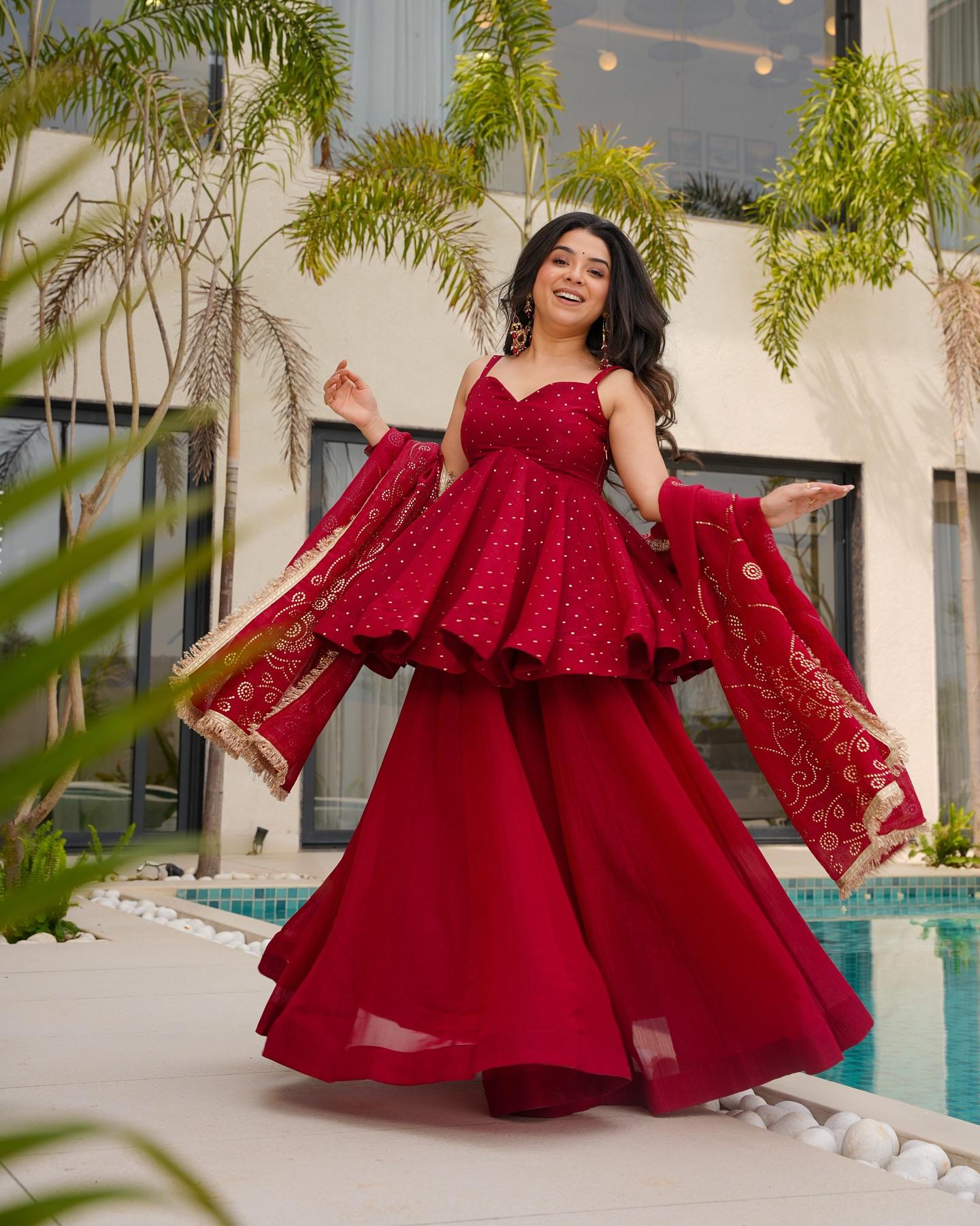 PURE TABBY ORGANZA SILK RED COLOR TOP PLAZZO