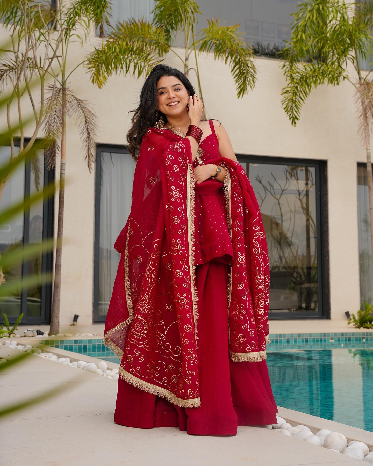PURE TABBY ORGANZA SILK RED COLOR TOP PLAZZO