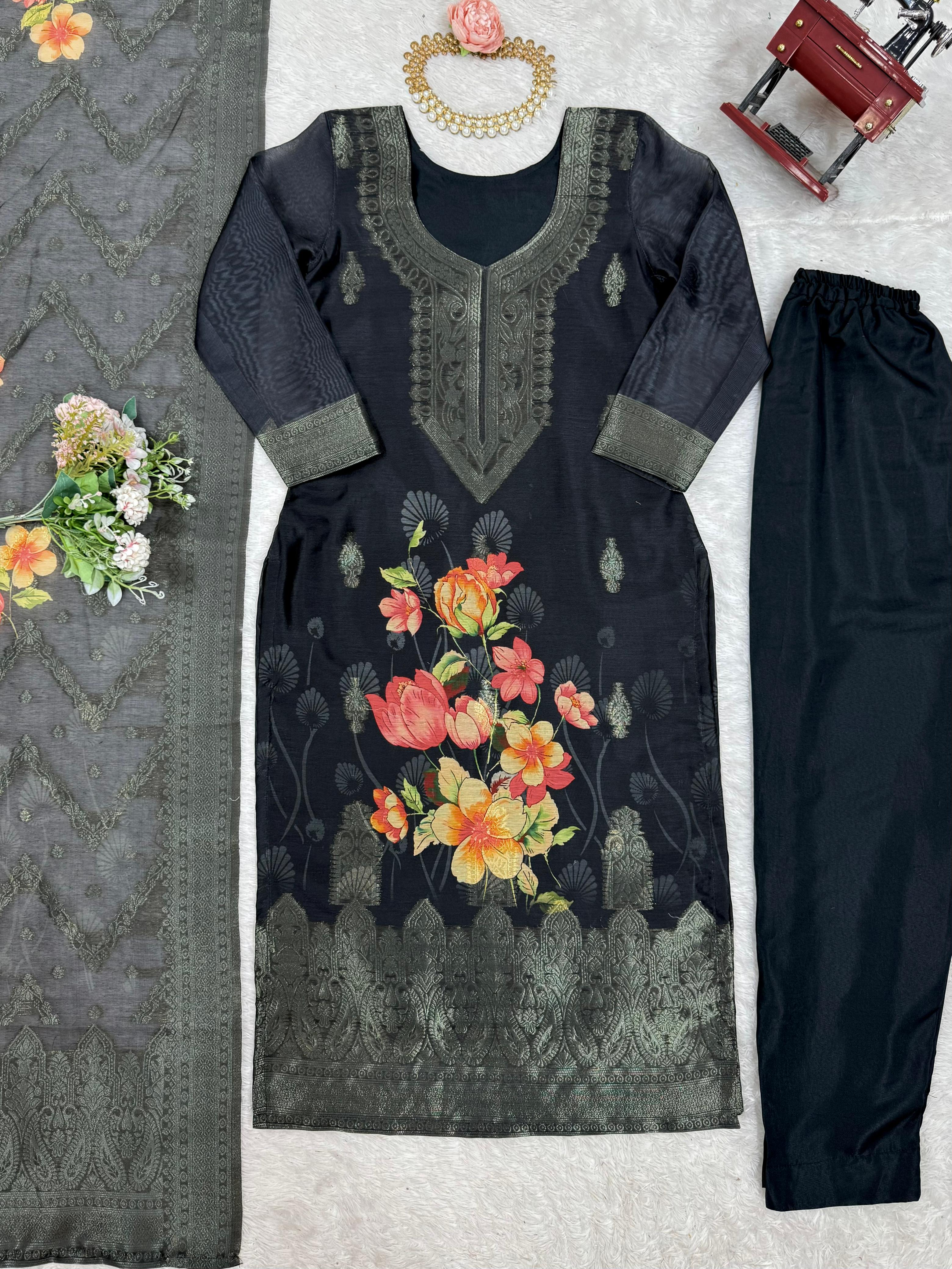CHANDERI SILK JACQARD WORK DUPATTA WOMEN'S TOP PANT