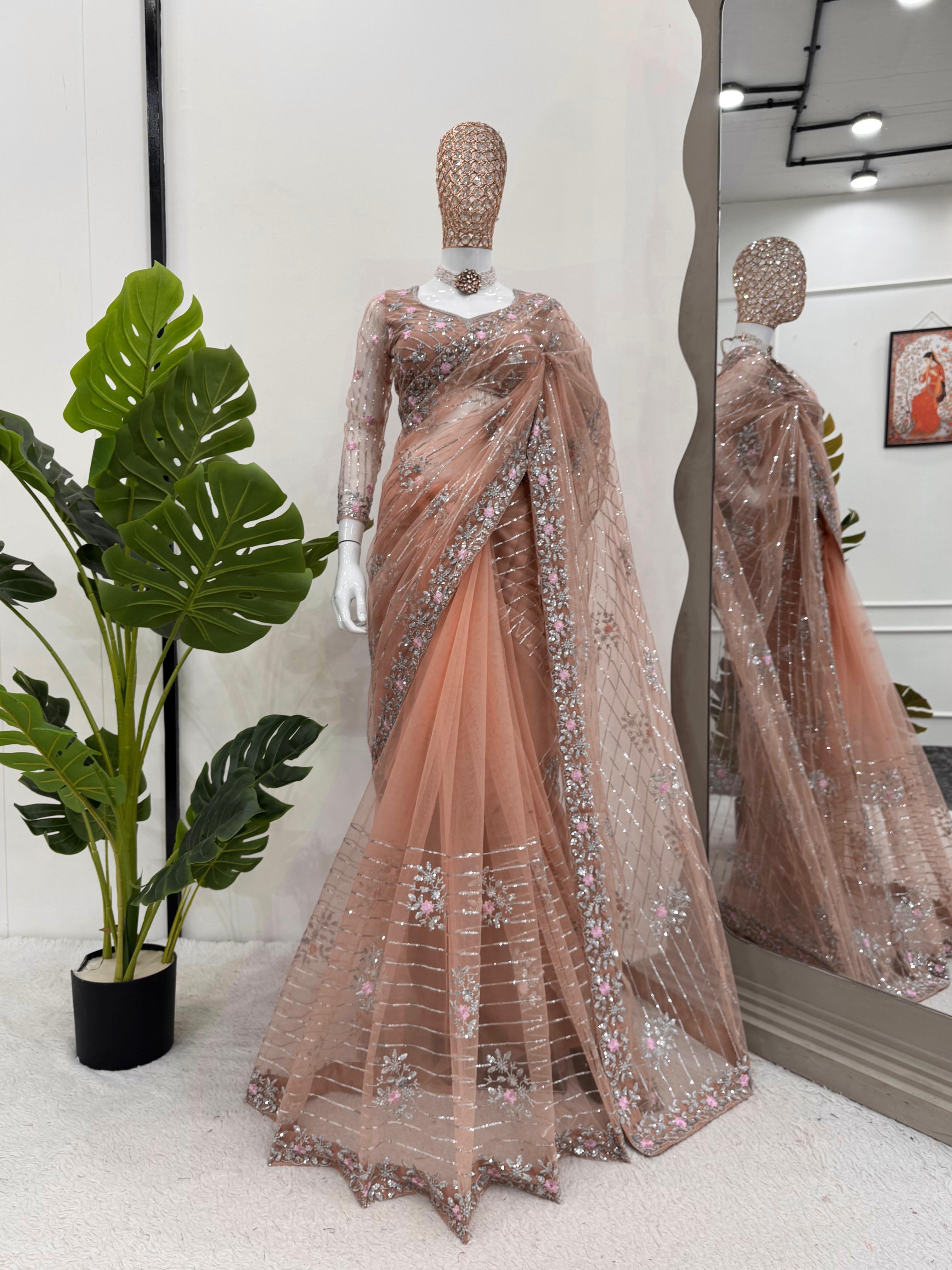 DESIGNER SAREE ON SOFT NET FABRIC WITH THREAD & EMBROIDERED WORK FOR PARTY WEAR