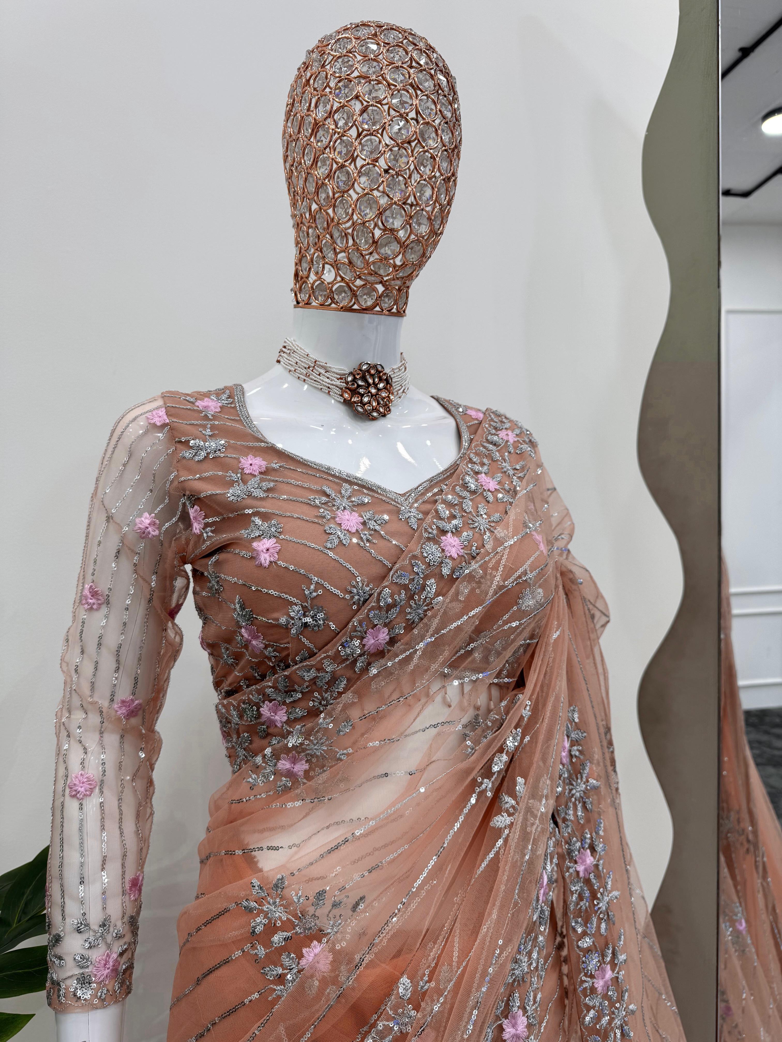DESIGNER SAREE ON SOFT NET FABRIC WITH THREAD & EMBROIDERED WORK FOR PARTY WEAR