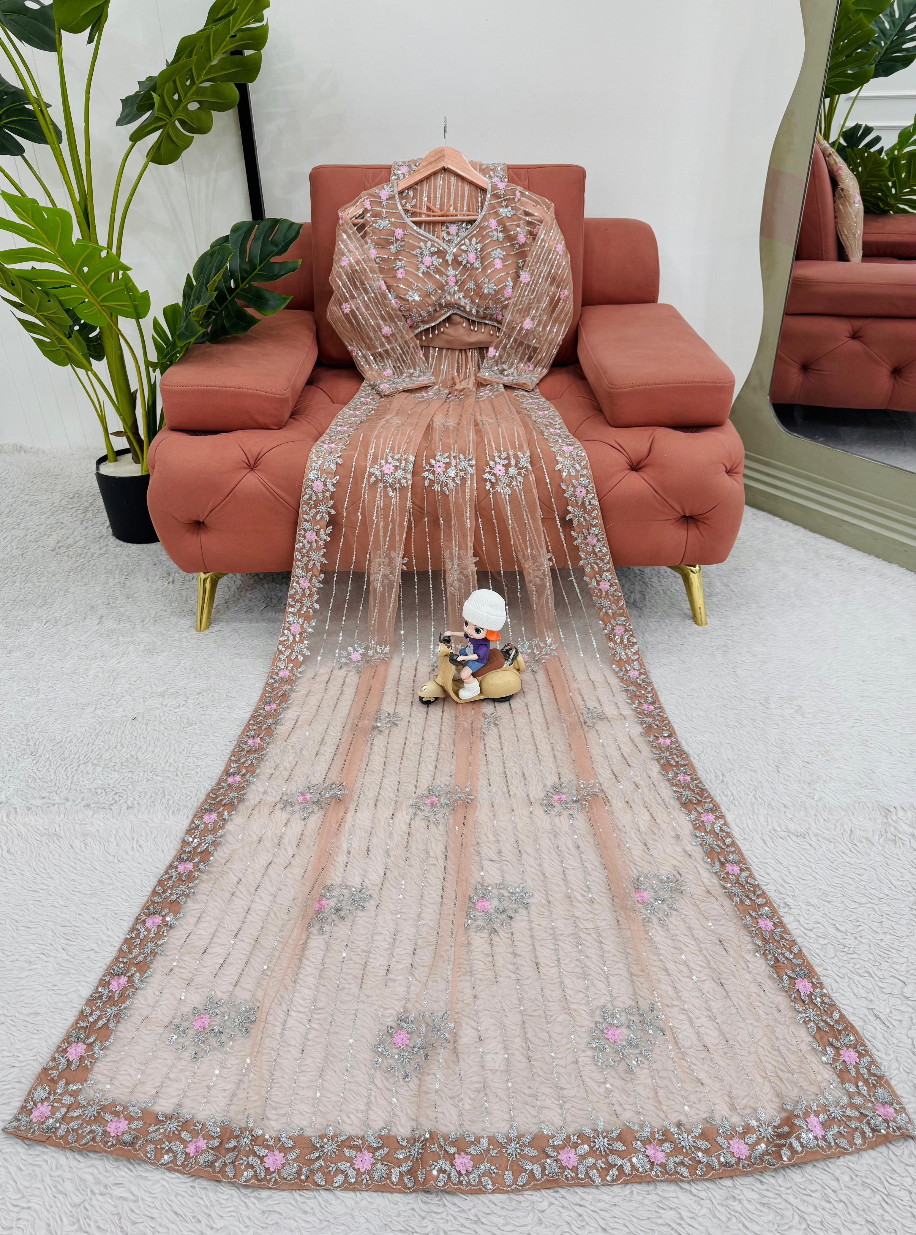 DESIGNER SAREE ON SOFT NET FABRIC WITH THREAD & EMBROIDERED WORK FOR PARTY WEAR
